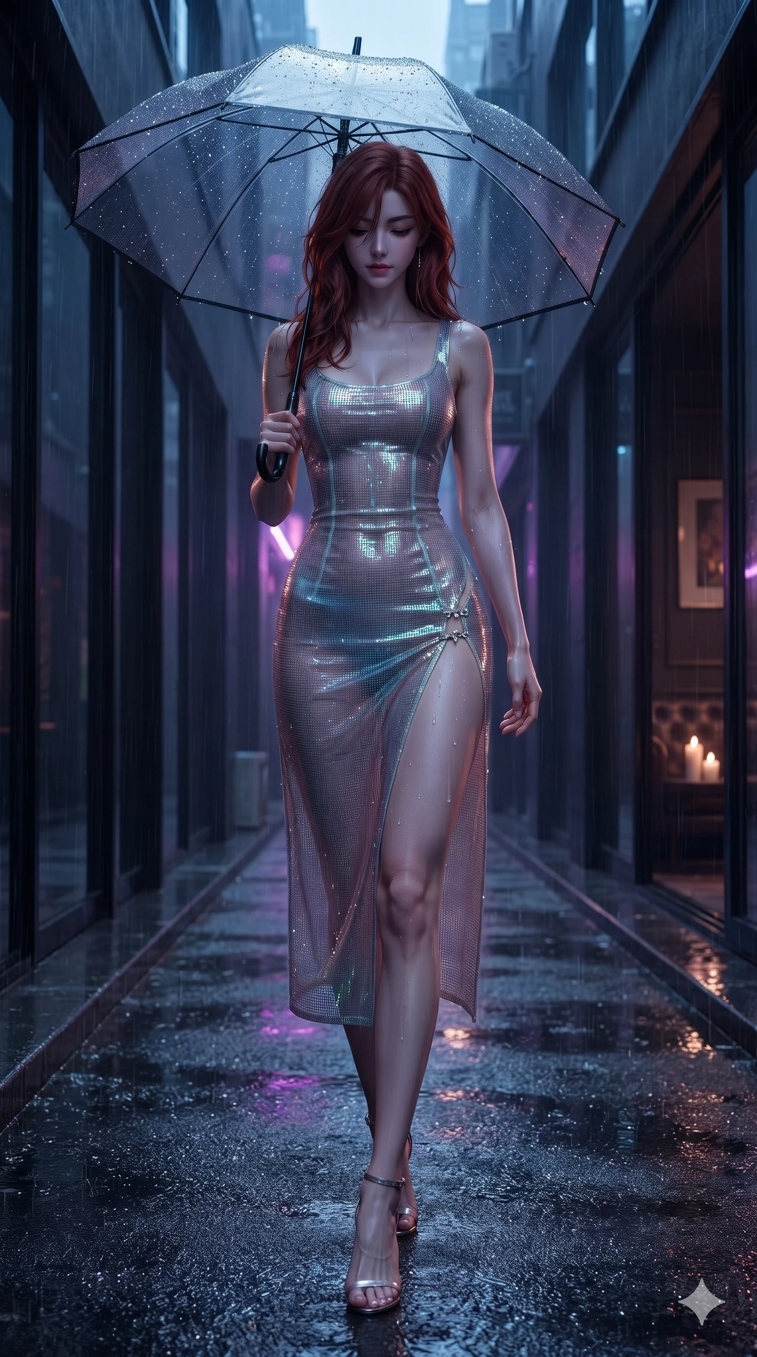 score_9, masterpiece, best quality, ultra-detailed, high-budget anime keyframe, editorial fashion photography, tasteful artistic composition, Korean woman. low angle full-body shot from head to toe showing her feet, filling the entire 9:16 vertical frame with her statuesque presence, stretching her vertical silhouette. walking dynamically down the glistening wet asphalt alley beneath a translucent black umbrella, hips swaying gracefully in a captivating supermodel rhythm while walking slowly along the darkened glass perimeter with feline poise, her long slender legs and curvy hips commanding the metropolitan expanse. The surrounding environment is rendered in vivid detail and crisp panoramic clarity: detailed liquid lamé slip dress cling, hip-high side slit, and monumentally sleek interior architecture in razor-sharp precision. She has an exceptionally tall and slender model-like 8.5-heads proportion, an ultra-slim waist, a flat toned midriff, narrow delicate ribcage, and beautifully sculpted feminine hips creating a graceful, slim hourglass silhouette without any bulky heaviness, with impossibly long slender legs. sharp v-shaped jawline, high-bridge nose, intricate jewel-like dark sparkling eyes with dangerous depth, thick curled eyelashes, glossy parted lips with a rich wine sheen, smoldering seductive half-smile with bedroom-eyes, exuding effortless superiority and intoxicating dark allure, flawlessly proportioned anatomical accuracy, strict slender model proportions, natural body alignment, perfectly sculpted long slender limbs, ultra-slim waistline, clean dynamic posture without body distortion. wearing a translucent iridescent micro-mesh corset dress with wet-look second-skin cling tracing her feminine curves in ultraviolet neon and dark rain-soaked shadow tones, woven from bespoke high-density barathea wool with refined ceremonial hold, finished with an ultra-high side slit secured by miniature jeweled clasps, the precision-cut side openings and low-back scoop framing her graceful spine and the sensual sweep of her slim, toned hips. bathed in the romantic, dim ambient lounge lighting punctuated by subtle cocktail table candlelight. ultra-reflective glossy finish, specular highlights, rich textural contrasts, high-contrast stereoscopic depth, volumetric dynamic lighting, 2k, ultra detail, master piece, 9:16 ratio