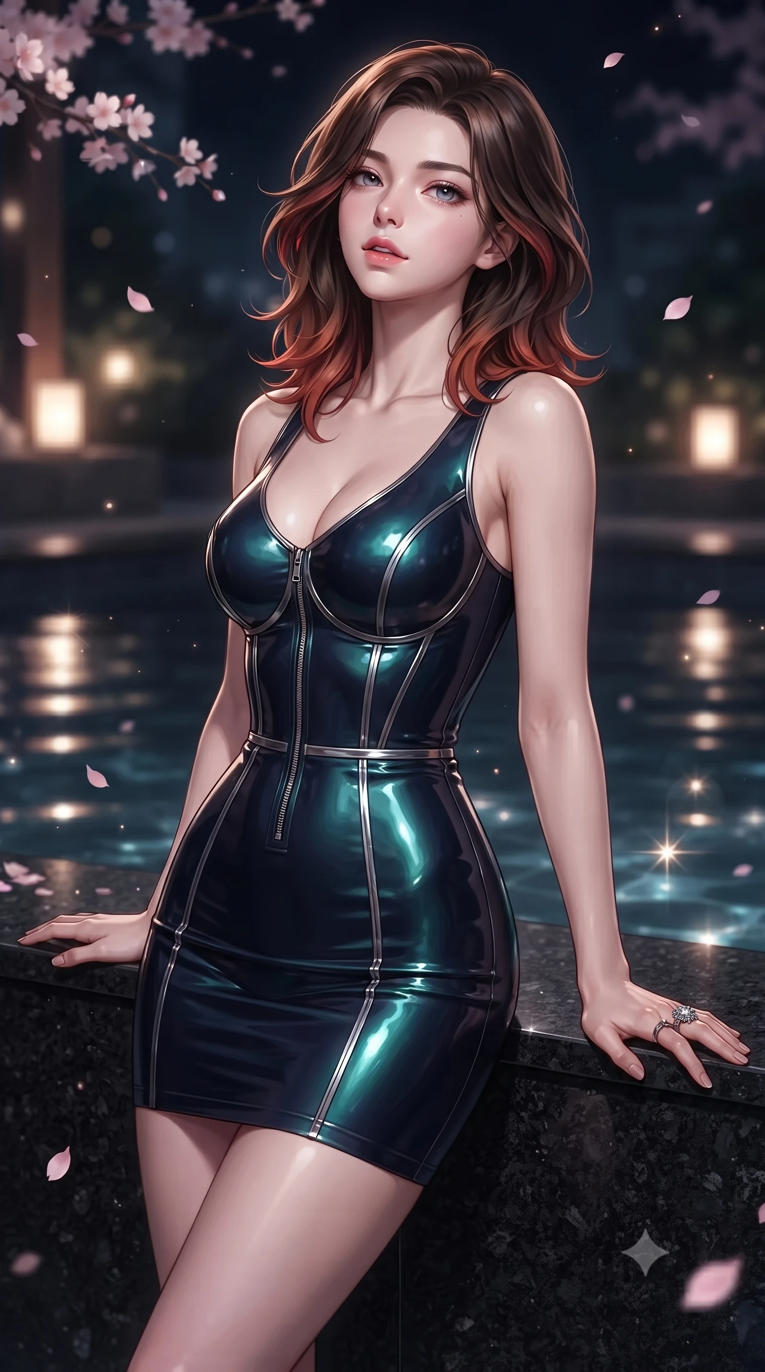 score_9, masterpiece, best quality, ultra-detailed, high-budget anime keyframe, editorial fashion photography, tasteful artistic composition, Korean woman. close-up cowboy shot from the waist and thighs up, the character dominates the composition, filling the frame with her large presence, background elements kept in soft focus. Tilting her chin up slightly with lips parted in a composed, magnetic expression, resting against a smooth black granite pool ledge under falling cherry blossom petals, sensual oriental luxury aesthetic with quiet magnetic charm. She has an exceptionally elegant, slender, and willowy female figure with an ultra-slim waist, a gracefully sculpted slender torso, and a refined silhouette. sharp v-shaped jawline, high-bridge nose, intricate jewel-like eyes with depth, thick eyelashes, glossy lips with a natural sheen. wearing glove-like fit dark navy latex bodycon mini dress in deep emerald green, made of liquid dark mercury jersey, finished with metallic silver boning and sleek zipper points, accentuating her gracefully sculpted slender torso. surrounded by a moody nocturnal spa glow with sharp water specular glints. ultra-reflective glossy finish, specular highlights, metallic sheen, high-contrast stereoscopic depth, volumetric dynamic lighting, 2k, ultra detail, master piece, 9:16 ratio