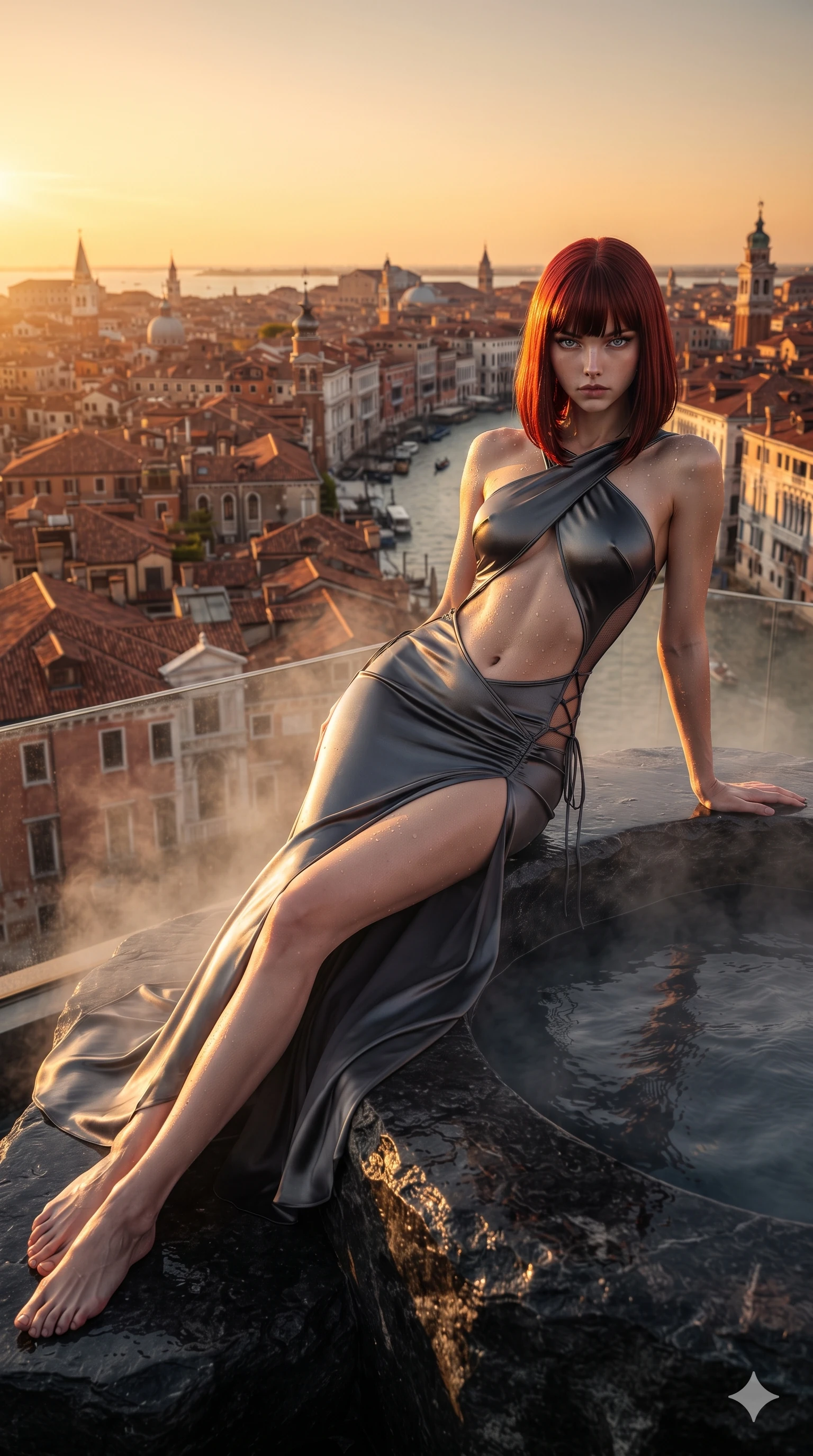 score_9, masterpiece, best quality, ultra-detailed, high-budget anime keyframe, editorial fashion photography, tasteful artistic composition, Caucasian woman. low angle full-body shot from head to toe showing her feet, filling the entire 9:16 vertical frame with her statuesque presence, stretching her vertical silhouette. sitting on the black basalt rock rim of the steaming geothermal lagoon, water droplets beading on her flat midriff and curvy hips while reclining gracefully on the rooftop daybed propped on one elbow with legs extended, displaying her statuesque silhouette against the Venetian skyline. The surrounding environment is rendered in vivid detail and crisp panoramic clarity: intricate peplum corset tailoring, sheer power-mesh panels, and historic rooftop architecture in razor-sharp precision. She has an exceptionally tall and slender model-like 8.5-heads proportion, an ultra-slim waist, a flat toned midriff, narrow delicate ribcage, and beautifully sculpted feminine hips creating a graceful, slim hourglass silhouette without any bulky heaviness, with impossibly long slender legs. sharp v-shaped jawline, high-bridge nose, intricate jewel-like sparkling eyes with depth, thick eyelashes, glossy parted lips with a natural sheen, intensely captivating and seductive bedroom-eyes expression, exuding both youthful cute charm and sovereign luxury allure, flawlessly proportioned anatomical accuracy, strict slender model proportions, natural body alignment, perfectly sculpted long slender limbs, ultra-slim waistline, clean dynamic posture without body distortion. wearing a sculptured liquid-satin mermaid gown with an architectural open-waist cutout and bare spine in charcoal grey and polished chrome, tailored from heavy double-faced silk georgette with an exceptionally fluid drape, featuring fine criss-cross lace-up side ties revealing tantalizing glimpses of her hip curve, the high-slit wrap tailoring accentuating her ultra-slim waistline and the enchanting curve of her feminine hips with alluring seductive charm. bathed in the dramatic warm 2200K golden-hour sunset light casting intense specular highlights along her silhouette. ultra-reflective glossy finish, specular highlights, rich textural contrasts, high-contrast stereoscopic depth, volumetric dynamic lighting, 2k, ultra detail, master piece, 9:16 ratio