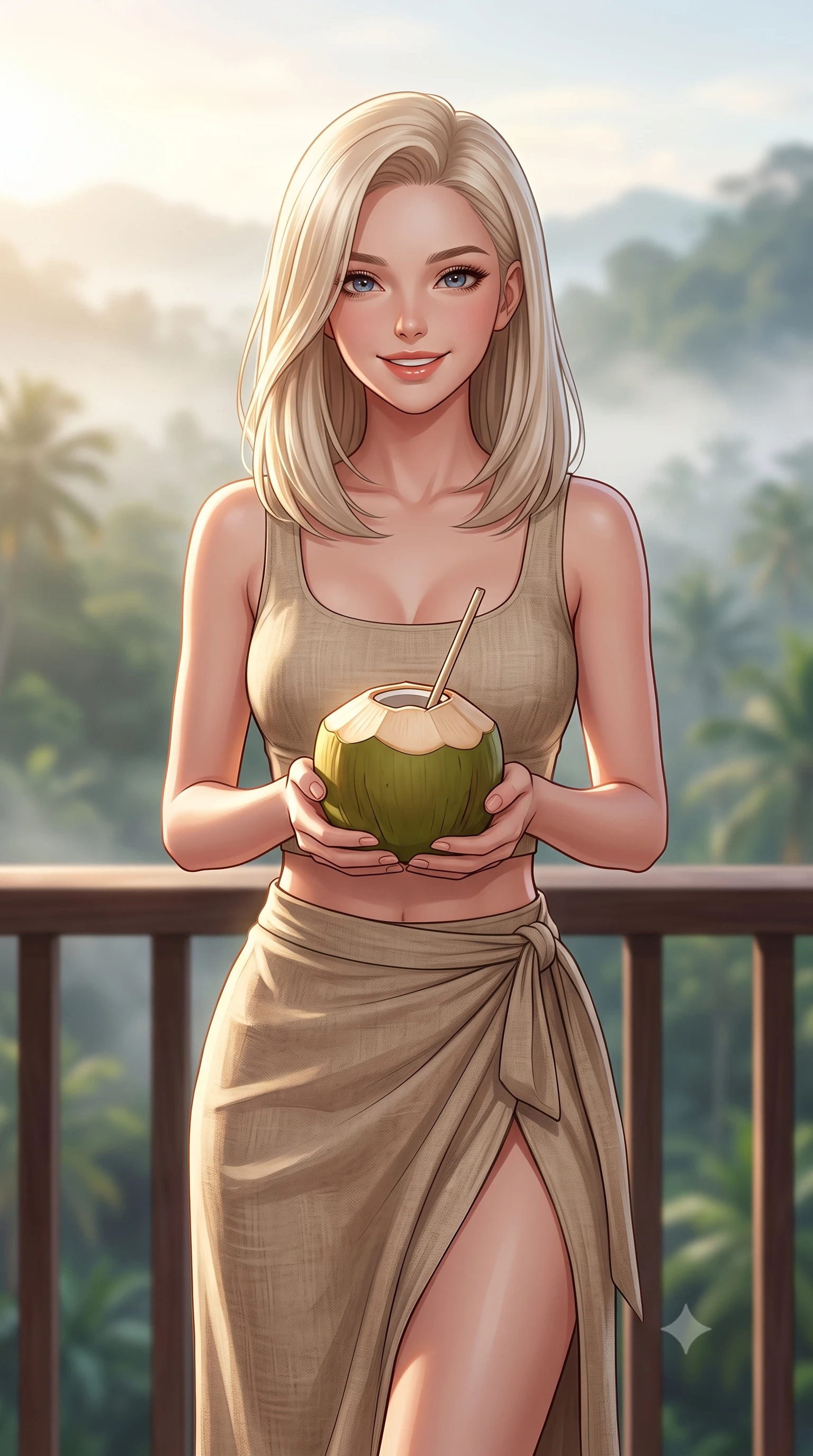 score_9, masterpiece, best quality, ultra-detailed, high-budget anime keyframe, editorial fashion photography, tasteful artistic composition, Caucasian woman. close-up cowboy shot from the waist and thighs up, the character dominates the composition, filling the frame with her large presence, background elements kept in soft focus. smiling warmly with a soft, affectionate expression, making cute eye contact set against a soft-focus background of on a scenic resort balcony overlooking a misty valley of tropical forest holding a fresh coconut with a straw, smiling happily at the camera. She has an exceptionally elegant, slender, and willowy female figure with an ultra-slim waist, a gracefully sculpted slender torso, and a refined silhouette. sharp v-shaped jawline, high-bridge nose, intricate jewel-like eyes with depth, thick eyelashes, glossy lips with a natural sheen. wearing form-contouring stylish crop top paired with a high-slit linen wrap skirt. soft morning mist diffusing the warm sunlight, creating a peaceful wash. highly saturated vibrant anime colors, detailed shading with soft gradients, rich glossy textures, high-contrast stereoscopic depth, volumetric dynamic lighting, master piece, 9:16 ratio