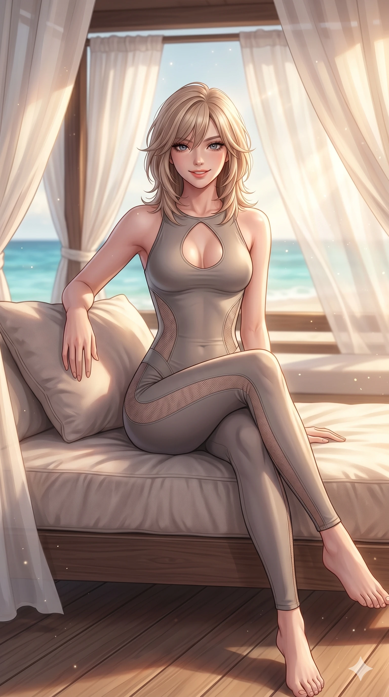 score_9, masterpiece, best quality, ultra-detailed, high-budget anime keyframe, editorial fashion photography, tasteful artistic composition, Japanese woman. cowboy shot from the thighs up, character and outfit filling the frame for maximum editorial presence. resting on a daybed, looking at the camera with a warm, welcoming smile and a sultry glance inside a beachside gazebo with white curtains fluttering in the wind. She has an absolutely perfect 8-heads proportion, an exceptionally tall and slender female figure with impossibly long slender legs and an ultra-slim waist. V-shaped jawline, high-bridge nose, intricate jewel-like eyes with depth, thick eyelashes, glossy lips with a natural sheen. wearing a sleek, glove-like bodysuit with elegant keyhole cutout and side mesh panels. bathed in soft, warm sunbeams filtering through the curtains, creating a relaxed glow. 2k, ultra detail, master piece, 9:16 ratio