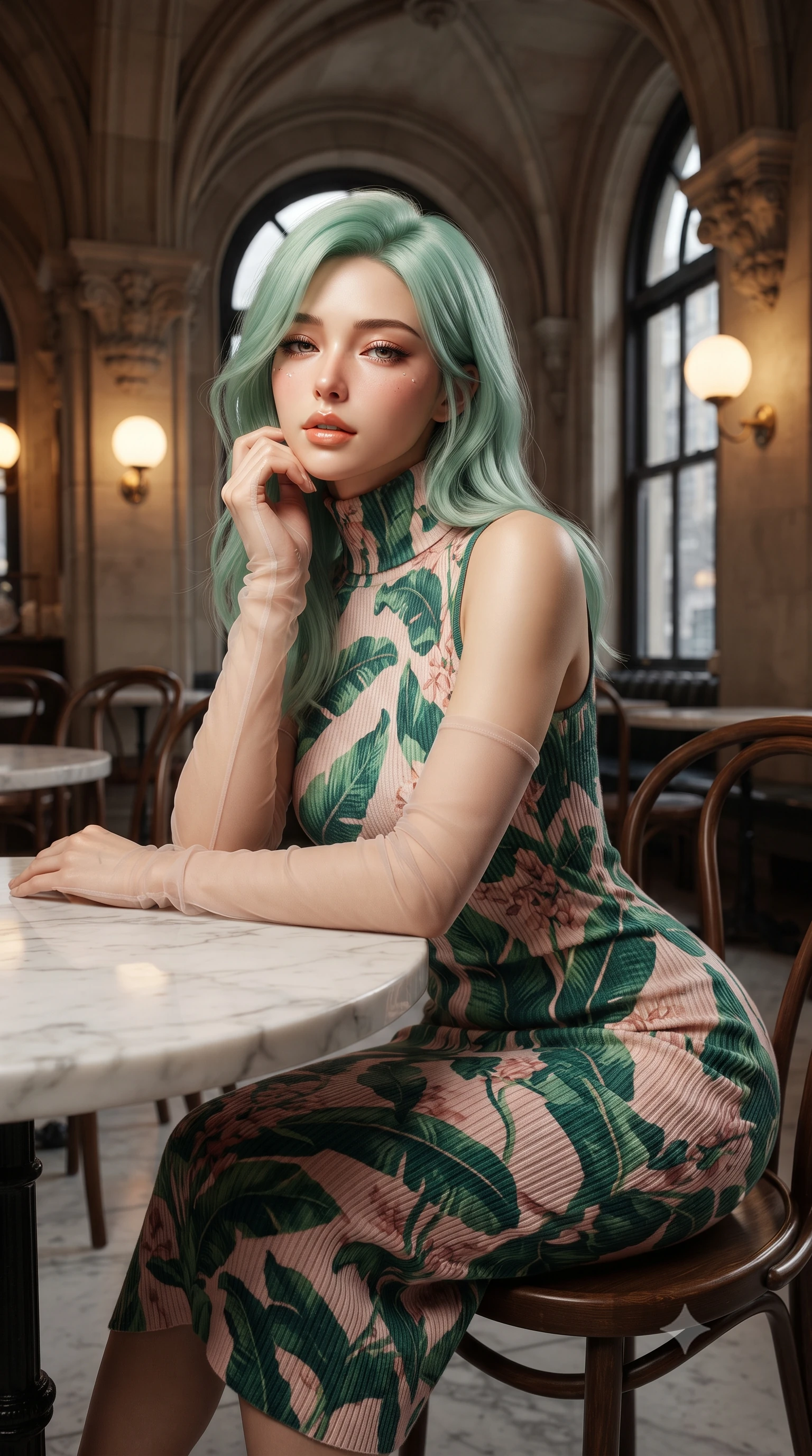score_9, masterpiece, best quality, ultra-detailed, high-budget anime keyframe, editorial fashion photography, tasteful artistic composition, Japanese woman. close-up cowboy shot from the waist and thighs up, the character dominates the composition, filling the frame with her large presence. resting one elbow on the table and supporting her chin, leaning close to the camera with heavy-lidded sparkling eyes and parted lips while standing poised beneath the soaring neo-Renaissance ribbed groin vaults, arching her lower back with sultry elegance as midnight rain taps against arched windows. The surrounding environment is rendered in vivid detail and crisp panoramic clarity: sharp carved stone vault corbels, polished white marble tabletop grain, and classic bentwood Thonet chair joints in deep focus. She has an exceptionally elegant, slender, and willowy female figure with an ultra-slim waist, flat toned midriff, narrow ribcage, and sculpted feminine hips creating an alluring, slim hourglass silhouette without bulk. sharp v-shaped jawline, high-bridge nose, intricate jewel-like sparkling eyes with depth, thick eyelashes, glossy parted lips with a natural peach sheen, bright cheerful beaming smile with an enchanting and coquettish sensual glint, exuding both youthful cute charm and seductive allure, flawlessly proportioned anatomical accuracy, strict slender model proportions, natural body alignment, perfectly sculpted long slender limbs, ultra-slim waistline, clean dynamic posture without body distortion. wearing a form-fitting ribbed knit midi dress with high turtleneck hugging every contour of her hourglass frame in Beverly Hills vintage banana-leaf emerald and blush pink, crafted from bespoke double-faced cashmere with an exceptionally soft tactile finish, complemented by sheer opera-length evening gloves tracing her slender arms, the second-skin tailored fabric adhering flawlessly to her sculpted flat midriff and slender torso, emphasizing her long leg lines and perfectly proportioned willowy build. bathed in the warm, cozy 2400K illumination of milk-glass globes and brass reading sconces. ultra-reflective glossy finish, specular highlights, rich textural contrasts, high-contrast stereoscopic depth, volumetric dynamic lighting, 2k, ultra detail, master piece, 9:16 ratio