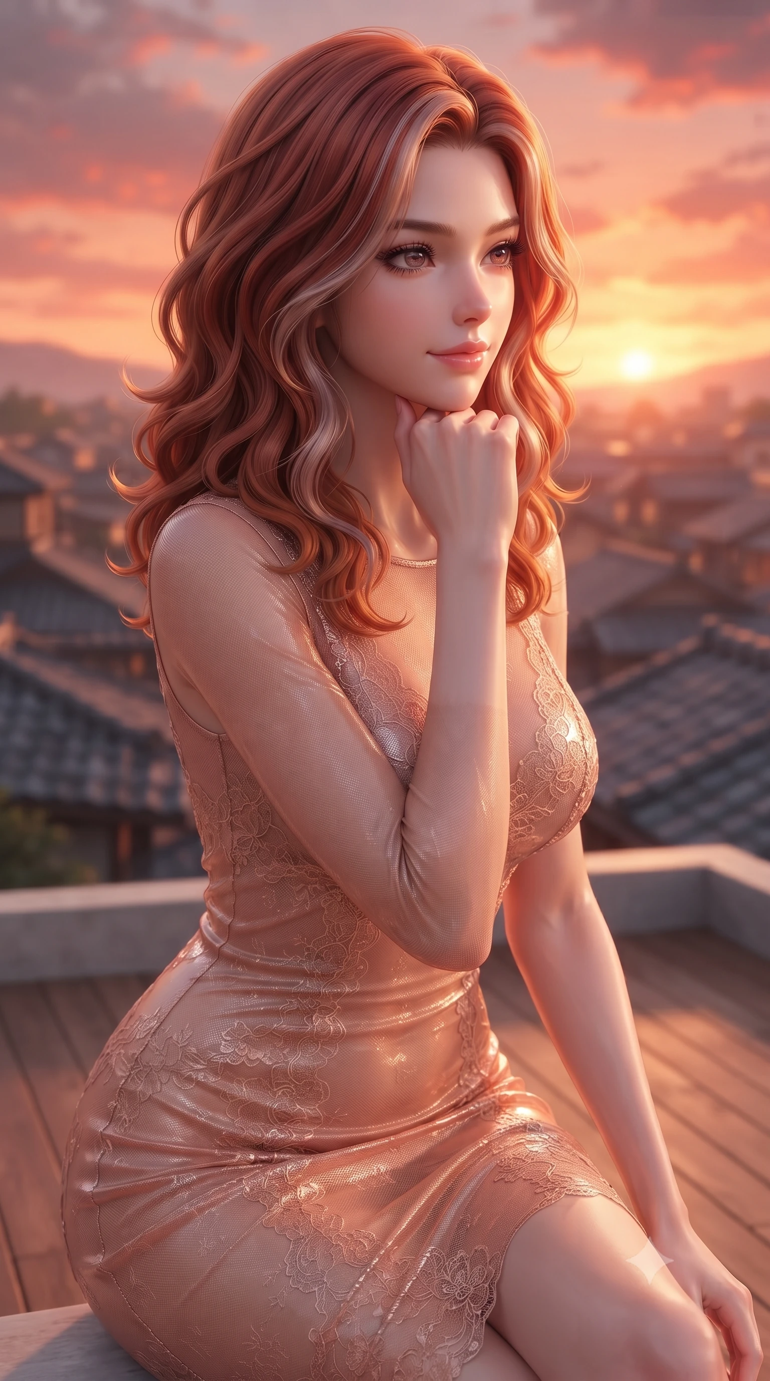 score_9, masterpiece, best quality, ultra-detailed, high-budget anime keyframe, editorial fashion photography, tasteful artistic composition, Caucasian woman woman. close-up cowboy shot from the waist and thighs up, the character dominates the composition, filling the frame with her large presence, background elements kept in soft focus. resting her chin on her hand, looking out at the beautiful scenery with a soft smile the background shows a soft-focus a simple rooftop platform with a wooden floor, looking over the tiled roofs of the town. She has an exceptionally elegant, slender, and willowy female figure with an ultra-slim waist, a gracefully sculpted slender torso, and a refined silhouette. sharp v-shaped jawline, high-bridge nose, intricate jewel-like eyes with depth, thick eyelashes, glossy lips with a natural sheen. wearing a form-contouring semi-transparent mesh dress in peach, contouring her slender silhouette with delicate lace detailing. the orange and red glow of a beautiful sunset sky. ultra-reflective glossy finish, specular highlights, metallic sheen, high-contrast stereoscopic depth, volumetric dynamic lighting, 2k, ultra detail, master piece, 9:16 ratio