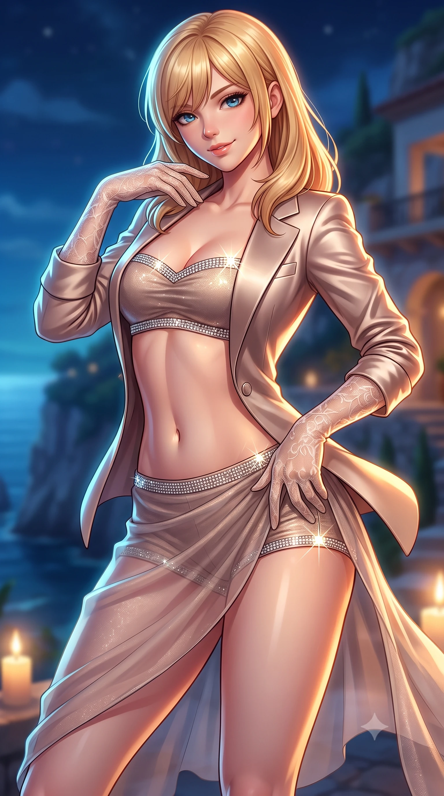 score_9, masterpiece, best quality, ultra-detailed, high-budget anime keyframe, semi-realistic 3D game render, editorial fashion photography, tasteful artistic composition, Caucasian woman. close-up cowboy shot from the waist and thighs up, the character dominates the composition, filling the frame with her large presence. tilting her head with a teasing half-smile, running one hand slowly down the side of her hip in a flirtatious S-curve as warm candlelight caresses her silhouette while twisting her slender torso in an alluring S-curve as coastal midnight breezes flutter her sheer sarong around her long slender legs and curvy hips. The background shows a soft-focus limestone cliff edges and cliffside villa terraces softened in magical coastal midnight shallow focus. She has an exceptionally elegant, slender, and willowy female figure with an ultra-slim waist, flat toned midriff, narrow ribcage, and sculpted feminine hips creating an alluring, slim hourglass silhouette without bulk. sharp v-shaped jawline, high-bridge nose, sparkling eyes with hypnotic seductive depth, thick curled eyelashes, glossy parted lips with a natural dewy peach sheen, alluring bedroom-eyes with an enchanting coquettish smile, exuding magnetic siren charisma and sophisticated high-fashion glamour, flawlessly proportioned anatomical accuracy, strict slender model proportions, natural body alignment, perfectly sculpted long slender limbs, ultra-slim waistline, clean dynamic posture without body distortion. wearing a tailored open-front satin smoking jacket worn over a jewel-embellished bandeau and micro-shorts in sheer dusky champagne and glistening crystal trims, woven from stretch metallic lurex jersey casting radiant starlight glints across her silhouette, complemented by sheer opera-length lace evening gloves tracing her slender arms, the glove-like clinging cut tightly following the natural contour of her hips and long slender legs with youthful 8.5-heads elegance. illuminated by aquatic caustic bounce and sharp platinum-cyan rim lights sculpting her jawline, narrow waist, and curvy hips. highly saturated vibrant anime colors, detailed shading with soft gradients, rich glossy textures, high-contrast stereoscopic depth, volumetric dynamic lighting, master piece, 9:16 ratio