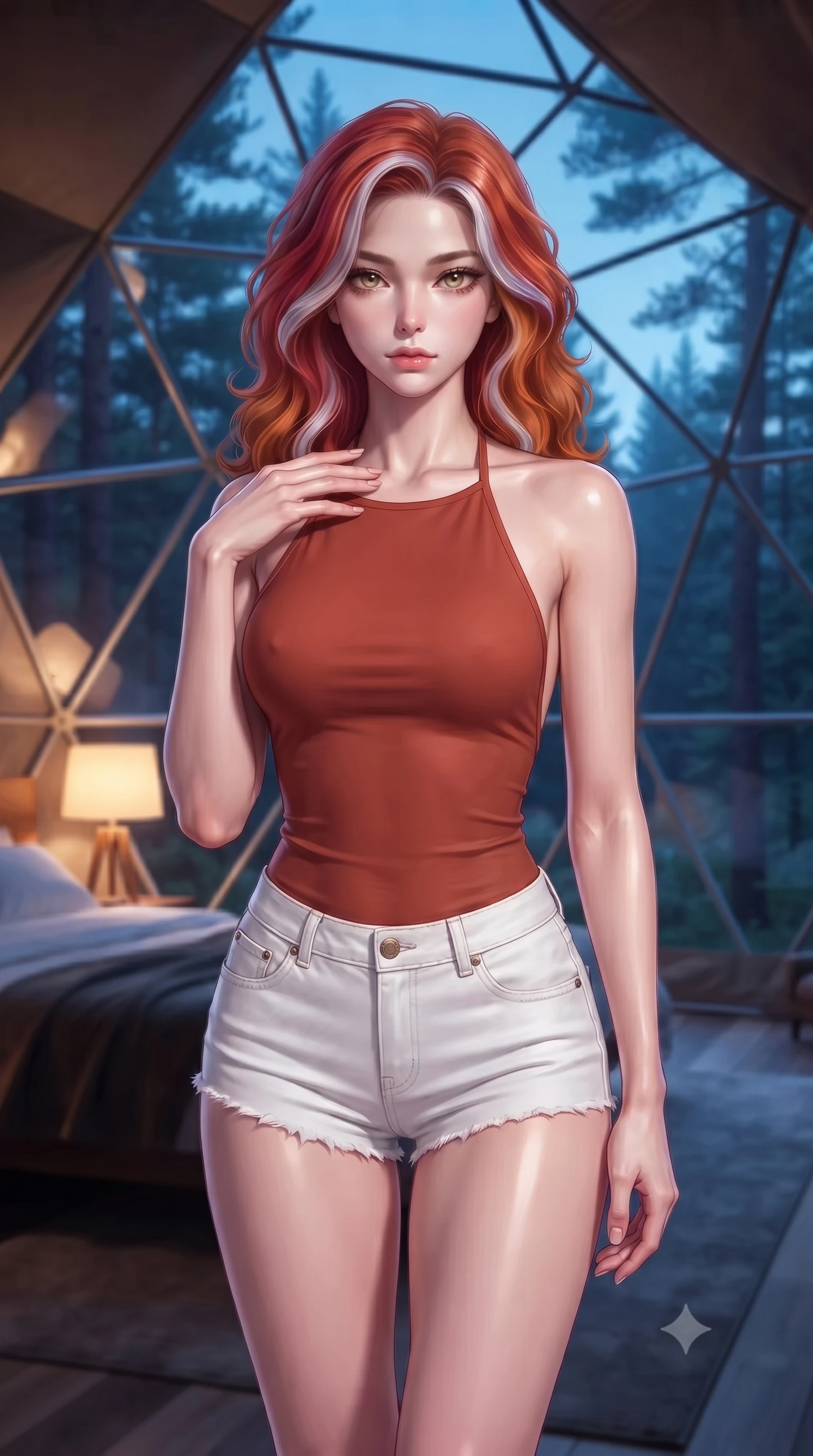 score_9, masterpiece, best quality, ultra-detailed, high-budget anime keyframe, editorial fashion photography, tasteful artistic composition, Caucasian woman. close-up cowboy shot from the waist and thighs up, the character dominates the composition, filling the frame with her large presence, background elements kept in soft focus. standing with one hand resting on her collarbone, looking at the viewer with bedroom-eyes the background shows a soft-focus the interior of a modern geodesic dome tent with panoramic views of a pine forest. She has an exceptionally elegant, slender, and willowy female figure with an ultra-slim waist, a gracefully sculpted slender torso, and a refined silhouette. sharp v-shaped jawline, high-bridge nose, intricate jewel-like eyes with depth, thick eyelashes, glossy lips with a natural sheen. wearing a body-hugging backless halter top in terracotta red, paired with white denim micro-shorts. cool blue twilight sky glow contrasting with the warm amber glow of a bedside lamp. ultra-reflective glossy finish, specular highlights, metallic sheen, high-contrast stereoscopic depth, volumetric dynamic lighting, 2k, ultra detail, master piece, 9:16 ratio