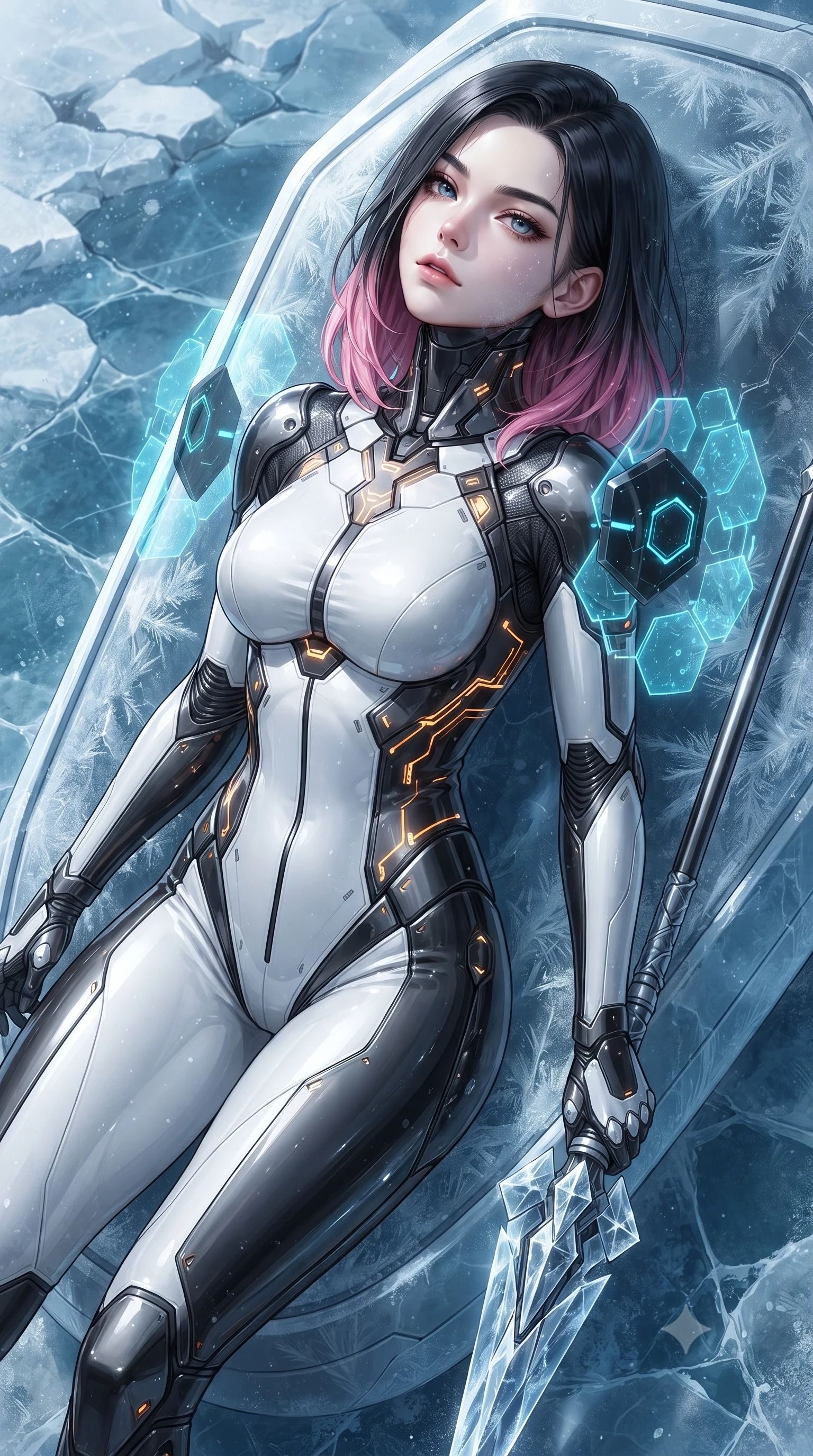 score_9, masterpiece, best quality, ultra-detailed, high-budget anime keyframe, editorial fashion photography, tasteful artistic composition, Korean woman. close-up cowboy shot from the waist and thighs up, the character dominates the composition, filling the frame with her large presence. tilting her head back with serene regal elegance, her sharp jawline and sculpted collarbones highlighted by glowing weapon energy reflections while resting against a frozen stasis pod with the spear grounded, casting a cool, smoldering gaze through ice-crystal mist. The surrounding environment is rendered in vivid detail and crisp panoramic clarity. intricate crystalline spearhead facets, razor-sharp frost patterns on armor, and cracked ice on floor in deep focus. She has an exceptionally elegant, slender, and willowy female figure with an ultra-slim waist, a gracefully sculpted slender torso, toned flat midriff, and a refined slim silhouette. sharp v-shaped jawline, high-bridge nose, intricate jewel-like eyes with depth, thick eyelashes, glossy lips with a natural sheen, flawlessly proportioned anatomical accuracy, strict slender model proportions, natural body alignment, perfectly sculpted long slender limbs, ultra-slim waistline, clean dynamic posture without body distortion. wearing a high-contrast monochrome white-and-black carbon-composite exoskeleton suit with glowing amber circuitry, deploying floating hexagonal holographic energy shields with sovereign grace in matte obsidian carbon black with electric cyan conduits, made of lightweight aerodynamic carbon-titanium alloy with polished edge bevels, detailed with magnetic weapon holsters and polished chrome connection clasps, the liquid-tight tailored fabric emphasizing every curve of her tall, slender model proportions and sculptured silhouette during dynamic movement. surrounded by a cool, lethal, and breathtakingly alluring frost-goddess special-operative aura. ultra-reflective glossy finish, specular highlights, dark metallic sheen, high-contrast stereoscopic depth, volumetric dynamic lighting, 2k, ultra detail, master piece, 9:16 ratio