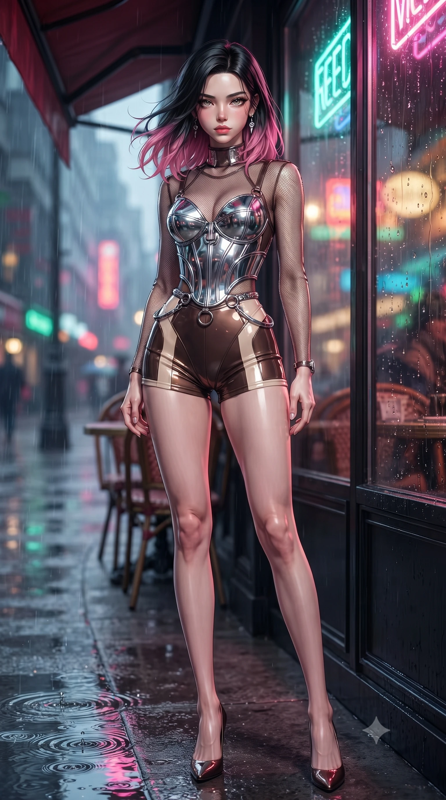 score_9, masterpiece, best quality, ultra-detailed, high-budget anime keyframe, editorial fashion photography, tasteful artistic composition, Korean woman. low angle full-body shot from head to toe showing her feet, filling the entire 9:16 vertical frame with her statuesque presence, stretching her vertical silhouette. navigating the luminous space with effortless poise, displaying her perfect model proportions resting on a covered outdoor café terrace as rain drops create ripples nearby, rain droplets glistening on the glass window with colorful neon reflections. She has an absolutely perfect, statuesque 8.5-heads proportion, an exceptionally tall and slender model-like female figure with impossibly long slender legs and an ultra-slim waist. sharp v-shaped jawline, high-bridge nose, intricate jewel-like eyes with depth, thick eyelashes, glossy lips with a natural sheen. wearing a chrome-plated structured bodice worn over a sheer mesh top and micro-shorts in espresso brown and warm cream, formed from sleek second-skin neoprene, accented with delicate chrome ring hardware framing her waist, the form-contouring material highlighting her ultra-slim waist and long lines. drenched in wet neon reflections with brilliant specular highlights on her silhouette. ultra-reflective glossy finish, specular highlights, metallic sheen, high-contrast stereoscopic depth, volumetric dynamic lighting, 2k, ultra detail, master piece, 9:16 ratio