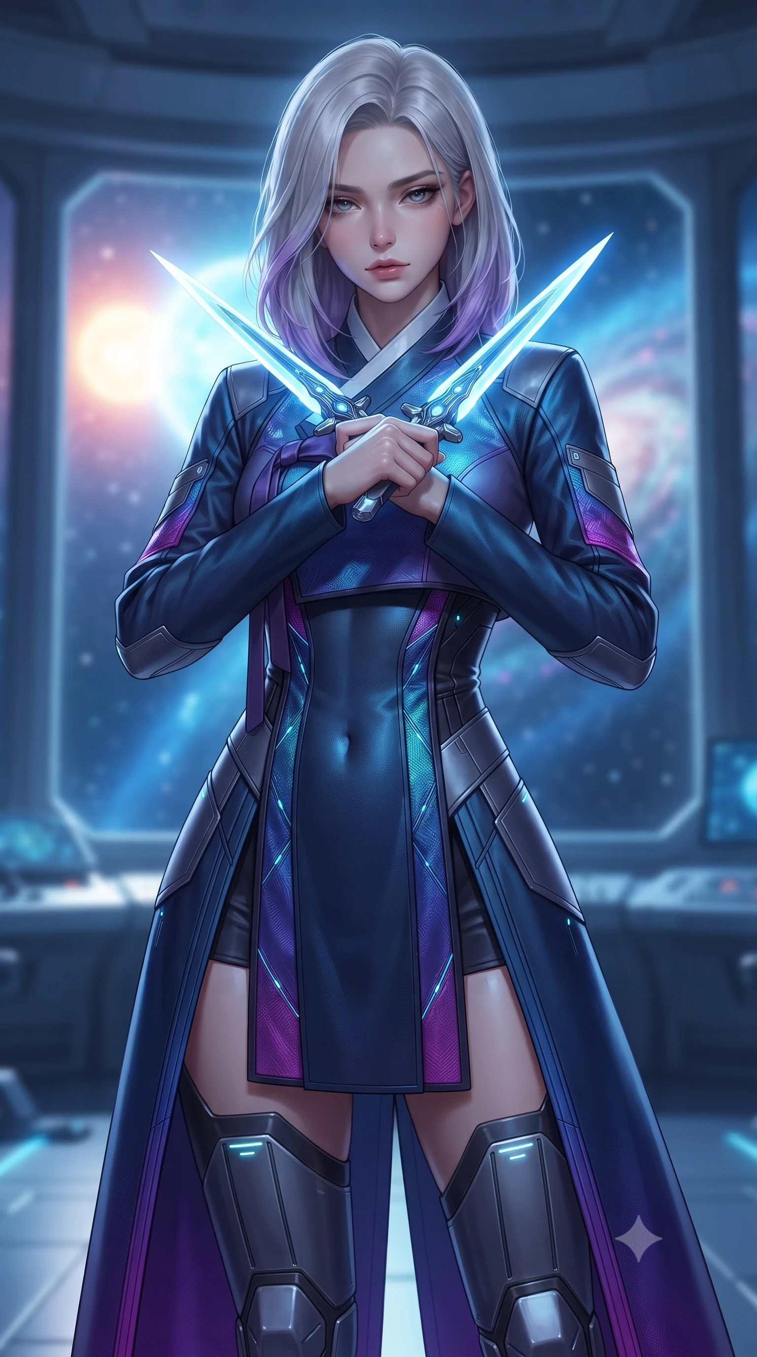 score_9, masterpiece, best quality, ultra-detailed, high-budget anime keyframe, editorial fashion photography, tasteful artistic composition, Caucasian woman. close-up cowboy shot from the waist and thighs up, the character dominates the composition, filling the frame with her large presence, background elements kept in soft focus. holding two energy daggers crossed in front of her elegant collarbone, casting a heavy-lidded, sultry look, the background shows a soft-focus a telescope deck on a space station facing a bright binary star system. She has an exceptionally elegant, slender, and willowy female figure with an ultra-slim waist, a gracefully sculpted slender torso, and a refined silhouette. sharp v-shaped jawline, high-bridge nose, intricate jewel-like eyes with depth, thick eyelashes, glossy lips with a natural sheen. wearing a tailored modern fusion cyber-hanbok robes featuring neon-stitch silk panels and reinforced composite shin guards. cool blue moonlight wrapping her statuesque posture in a quiet, solemn mood. ultra-reflective glossy finish, specular highlights, metallic sheen, high-contrast stereoscopic depth, volumetric dynamic lighting, 2k, ultra detail, master piece, 9:16 ratio