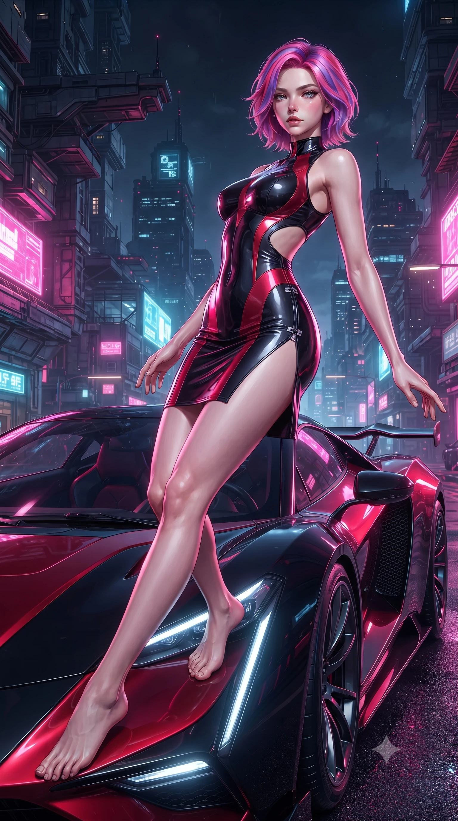 score_9, masterpiece, best quality, ultra-detailed, high-budget anime keyframe, editorial fashion photography, tasteful artistic composition, Caucasian woman. low angle full-body shot from head to toe showing her feet, filling the entire 9:16 vertical frame with her statuesque presence, stretching her vertical silhouette. pivoting dynamically in mid-motion with a breathtakingly alluring posture, displaying her flawless model proportions and ultra-slim waist while stretching her long slender legs along the curved chassis of a hyper-car with a dangerous smoldering stare. The surrounding environment is rendered in vivid detail and crisp panoramic clarity. intricate cyber-city skyline architecture, wet asphalt grain, and illuminated street textures in high clarity. She has an absolutely perfect, statuesque 8.5-heads proportion, an exceptionally tall and slender model-like female figure with impossibly long slender legs and an ultra-slim waist. sharp v-shaped jawline, high-bridge nose, intricate jewel-like eyes with depth, thick eyelashes, glossy lips with a natural sheen, flawlessly proportioned anatomical accuracy, natural body alignment, perfectly sculpted elegant limbs, clean dynamic posture without body distortion. wearing a second-skin fashion-latex mini dress with a clean architectural front, featuring an open-back design that wraps around the sides of her waist, showcasing her slender silhouette in glossy obsidian black and radiant crimson red, formed from high-gloss patent material with specular light reflections, finished with an ultra-high side slit secured by miniature magnetic clasps, the form-contouring second-skin material highlighting her ultra-slim waist and long lines. bathed in intense white automotive headlight beams and vibrant neon pink city reflections. ultra-reflective glossy finish, specular highlights, metallic sheen, high-contrast stereoscopic depth, volumetric dynamic lighting, 2k, ultra detail, master piece, 9:16 ratio