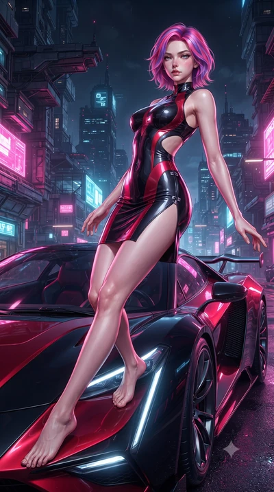 score_9, masterpiece, best quality, ultra-detailed, high-budget anime keyframe, editorial fashion photography, tasteful artistic composition, Caucasian woman. low angle full-body shot from head to toe showing her feet, filling the entire 9:16 vertica
