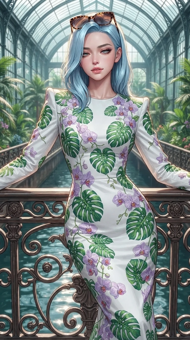 score_9, masterpiece, best quality, ultra-detailed, high-budget anime keyframe, editorial fashion photography, tasteful artistic composition, Korean woman. close-up cowboy shot from the waist and thighs up, the character dominates the composition, filling the frame with her large presence. leaning back against the balustrade with relaxed seductive grace, head tilted back slightly while casting a hypnotic, heavy-lidded gaze while leaning against the decorative iron bridge rail with hips cocked back, looking through thick curled eyelashes with an enchanting, dangerous smile. The surrounding environment is rendered in vivid detail and crisp panoramic clarity: detailed gold sequin wrap skirt cling, plunging halter sports top, and imperial greenhouse craft in razor-sharp precision. She has an exceptionally elegant, slender, and willowy female figure with an ultra-slim waist, flat toned midriff, narrow ribcage, and sculpted feminine hips creating an alluring, slim hourglass silhouette without bulk. sharp v-shaped jawline, high-bridge nose, sparkling eyes with hypnotic seductive depth, thick curled eyelashes, glossy parted lips with a natural dewy peach sheen, alluring bedroom-eyes with an enchanting coquettish smile, exuding magnetic siren charisma and sophisticated glamour, flawlessly proportioned anatomical accuracy, strict slender model proportions, natural body alignment, perfectly sculpted long slender limbs, ultra-slim waistline, clean dynamic posture without body distortion. wearing an elegant long-sleeve embroidered botanical silk column gown with structured shoulders in vibrant jungle monstera green and dewy orchid lavender, tailored from crisp high-density botanical cotton poplin with pristine structural hold, complemented by oversized designer tortoiseshell sunglasses resting atop her head, the bespoke structured tailoring following the natural line of her 8.5-heads silhouette with refined elegance. illuminated by canal water surface bounce and sharp platinum-gold rim lights defining her razor-sharp jawline, narrow waist, and curvy hips. ultra-reflective glossy finish, specular highlights, rich textural contrasts, high-contrast stereoscopic depth, volumetric dynamic lighting, 2k, ultra detail, master piece, 9:16 ratio