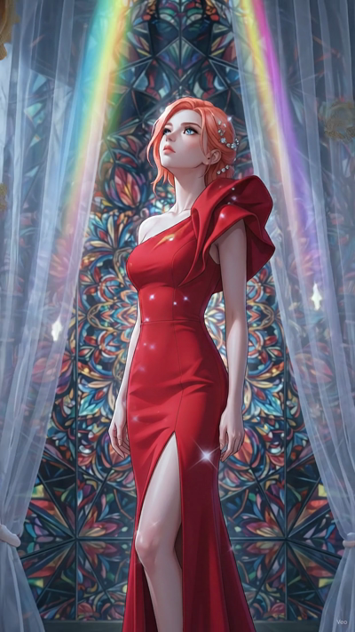 A surreal fantasy anime keyframe animation. The floating clock gears rotate slowly in mid-air. The gold liquid from the melting clocks drips in a slow-motion fluid flow. Shimmering rainbow light rays stream from above, shifting and dancing across the