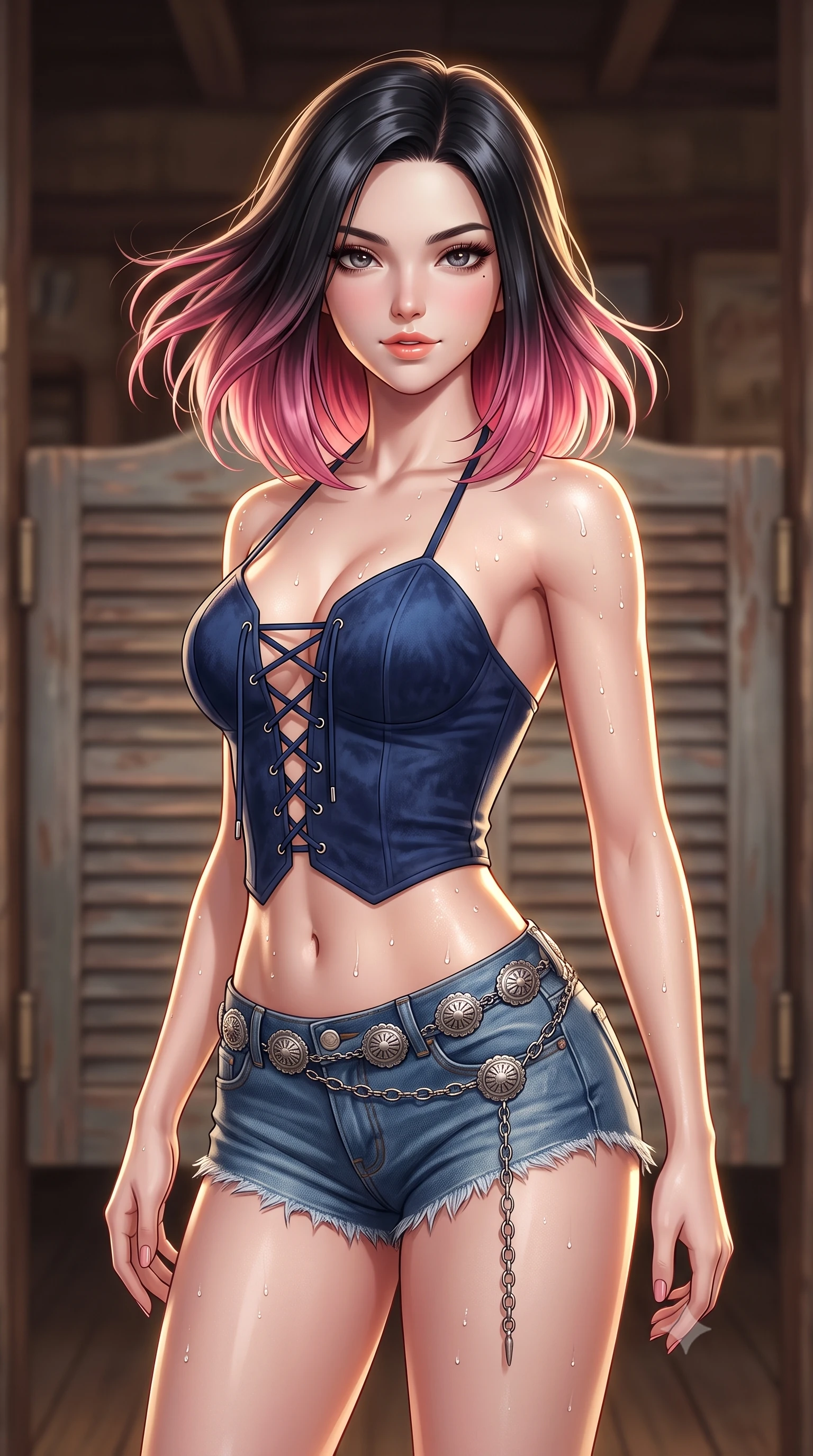 score_9, masterpiece, best quality, ultra-detailed, high-budget anime keyframe, semi-realistic 3D game render, editorial fashion photography, tasteful artistic composition, Korean woman. close-up cowboy shot from the waist and thighs up, the character dominates the composition, filling the frame with her large presence. turning slowly with an enchanting smoldering smile, her glossy hair tossing in the breeze as her hips angle gracefully in a captivating contrapposto while twisting her slender torso in an alluring contrapposto stance, dry desert breeze molding her form-fitting outfit to her hourglass curves. The background shows a soft-focus vintage saloon swinging louver doors softened in authentic western shallow focus. She has an exceptionally elegant, slender, and willowy female figure with an ultra-slim waist, flat toned midriff, narrow ribcage, and sculpted feminine hips creating an alluring, slim hourglass silhouette without bulk. sharp v-shaped jawline, high-bridge nose, sparkling eyes with hypnotic seductive depth, thick curled eyelashes, glossy parted lips with a natural dewy peach sheen, alluring bedroom-eyes with an enchanting coquettish smile, exuding magnetic siren charisma and sophisticated glamour, flawlessly proportioned anatomical accuracy, strict slender model proportions, natural body alignment, perfectly sculpted long slender limbs, ultra-slim waistline, clean dynamic posture without body distortion. wearing a plunging lace-up suede bustier top paired with ultra-short frayed denim cutoffs and a silver concho waist chain in French Riviera navy blue and warm champagne ivory, tailored from ultra-soft distressed suede with velvety hand-feel and rich shadow depth, finished with glistening drops of seawater beading across her sculpted shoulders and flat midriff, the second-skin tailored fabric adhering flawlessly to her sculpted flat midriff and slender torso, emphasizing her long leg lines and perfectly proportioned willowy build. illuminated by boardwalk wood reflection bounce and sharp golden rim lights defining her razor-sharp jawline, flat midriff, and curvy hips. highly saturated vibrant anime colors, detailed shading with soft gradients, rich glossy textures, high-contrast stereoscopic depth, volumetric dynamic lighting, master piece, 9:16 ratio