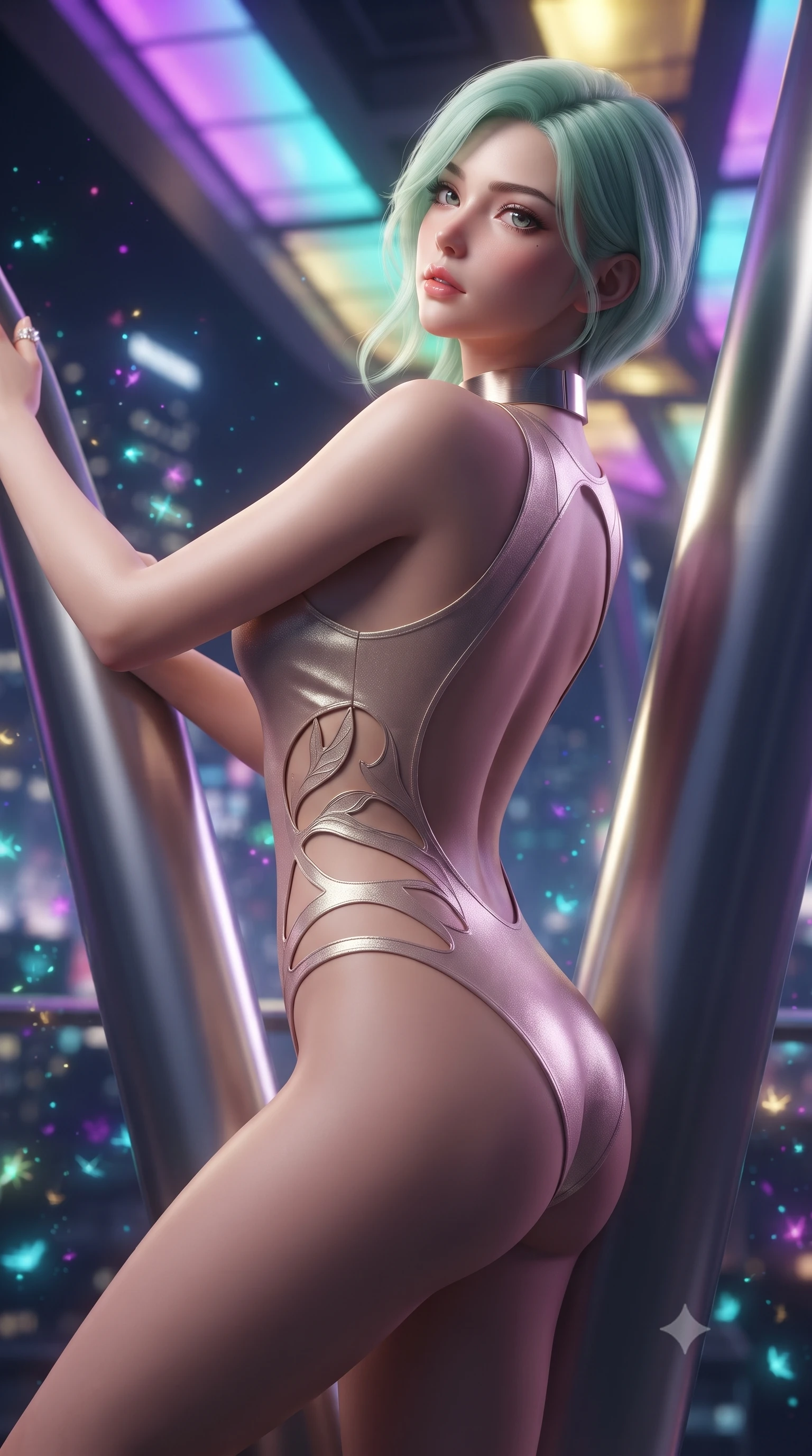 score_9, masterpiece, best quality, ultra-detailed, high-budget anime keyframe, editorial fashion photography, tasteful artistic composition, Japanese woman. close-up cowboy shot from the waist and thighs up, the character dominates the composition, filling the frame with her large presence. twisting her slender torso in a deep contrapposto stance, hips dramatically shifted to accentuate her feminine curves while looking past her shoulder with smoldering bedroom-eyes while reclining against the smooth titanium skyway pylon, head tilted back in awe as color-shifting LED canopies cast vivid hues over her silhouette. The composition keeps background elements in soft focus with creamy bokeh. bioluminescent plant spores and city skyline reflections scattering vibrant chromatic light motes. She has an exceptionally elegant, slender, and willowy female figure with an ultra-slim waist, flat toned midriff, narrow ribcage, and sculpted feminine hips creating an alluring, slim hourglass silhouette without bulk. sharp v-shaped jawline, high-bridge nose, intricate jewel-like eyes with depth, thick eyelashes, glossy parted lips with a natural sheen, intensely captivating and seductive bedroom-eyes expression, flawlessly proportioned anatomical accuracy, strict slender model proportions, natural body alignment, perfectly sculpted long slender limbs, ultra-slim waistline, clean dynamic posture without body distortion. wearing a botanical cutout monokini with organic leaf-curve side openings and high-cut hip bands in dusky blush rose and champagne shimmer, tailored from liquid silk jersey adhering flawlessly to her slender build, complemented by a bold geometric choker and sparkling cocktail ring, the dramatically scooped open back descending to the base of her spine, accentuating her razor-sharp statuesque lines and slim hourglass silhouette. illuminated by wet specular glass bounce lights sculpting her toned waistline, slender spine, and feminine hips. ultra-reflective glossy finish, specular highlights, rich textural contrasts, high-contrast stereoscopic depth, volumetric dynamic lighting, 2k, ultra detail, master piece, 9:16 ratio