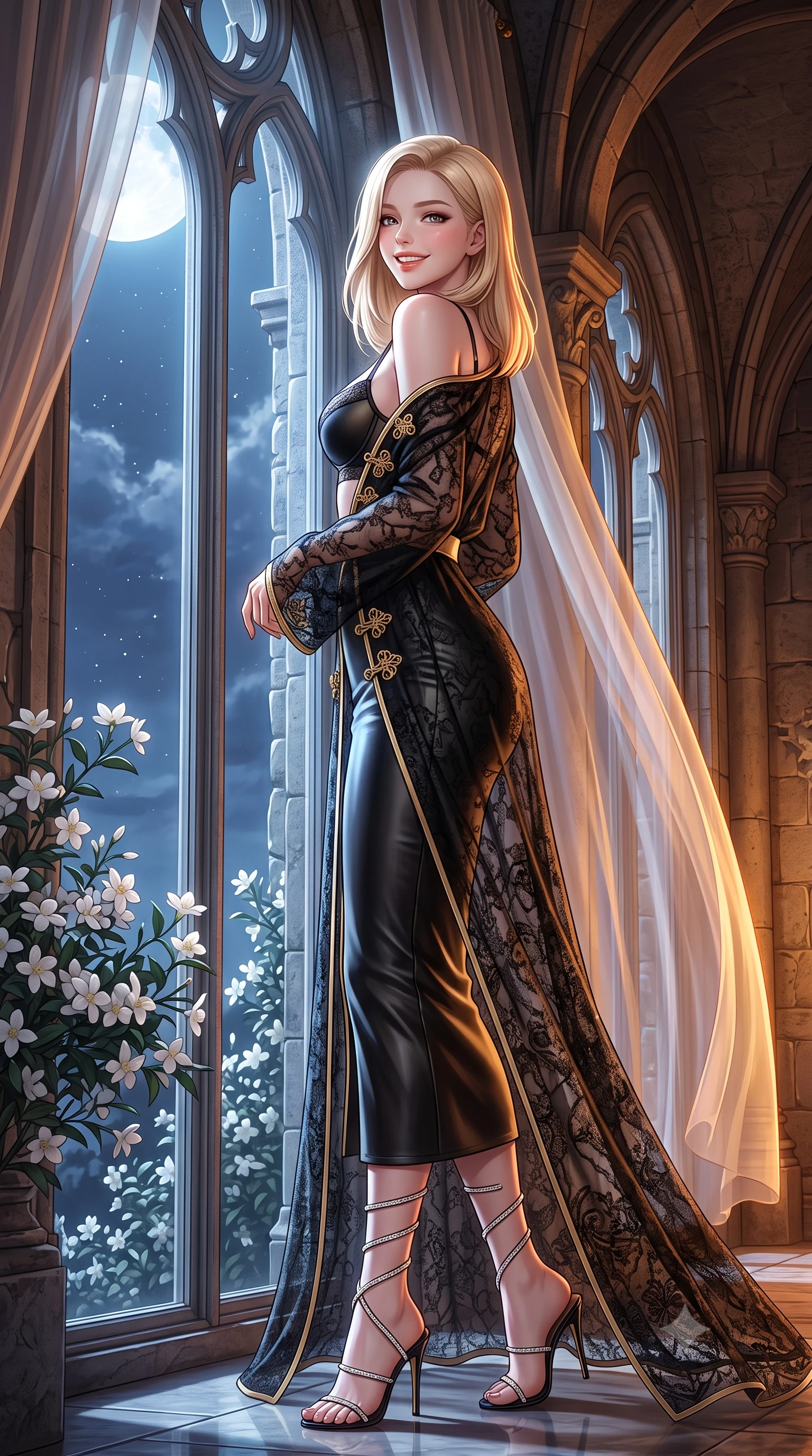 score_9, masterpiece, best quality, ultra-detailed, high-budget anime keyframe, semi-realistic 3D game render, editorial fashion photography, tasteful artistic composition, Korean woman. low angle full-body shot from head to toe showing her feet, filling the entire 9:16 vertical frame with her statuesque presence, stretching her vertical silhouette. standing tall beside the architectural column, one hand resting high while arching her lower back to emphasize her sculpted feminine hips and slender waist while standing poised on the weathered teak deck at the edge of the wild red sandstone cliff, arching her spine with high-fashion ease as nocturnal ocean winds whip her gown. The background shows a soft-focus towering sea cliffs of red sandstone plunging into foaming Atlantic waters, wild coastal heather moorland, and starry sky blurred into crimson, sapphire, and diamond bokeh. She has an exceptionally tall and slender model-like 8.5-heads proportion, an ultra-slim waist, a flat toned midriff, narrow delicate ribcage, and beautifully sculpted feminine hips creating a graceful, slim hourglass silhouette without any bulky heaviness, with impossibly long slender legs. sharp v-shaped jawline, high-bridge nose, intricate jewel-like sparkling eyes with depth, thick eyelashes, glossy parted lips with a natural peach sheen, bright cheerful beaming smile with an enchanting and coquettish sensual glint, exuding both youthful cute charm and seductive allure, flawlessly proportioned anatomical accuracy, strict slender model proportions, natural body alignment, perfectly sculpted long slender limbs, ultra-slim waistline, clean dynamic posture without body distortion. wearing a structured boned corset top paired with an ultra-short low-rise pleated micro mini skirt in Belvedere ivory pearl and Habsburg bordeaux wine, woven from buttery-soft stretch lambskin leather adhering to her body like a second skin, accented with a pearl-drop body harness subtly framing her dewy collarbones and spine, the high-slit wrap tailoring accentuating her ultra-slim waistline and the enchanting curve of her feminine hips with alluring seductive charm. illuminated by deck wood reflection bounce and sharp copper-gold rim lights sculpting her jawline, narrow waist, and curvy hips. highly saturated vibrant anime colors, detailed shading with soft gradients, rich glossy textures, high-contrast stereoscopic depth, volumetric dynamic lighting, master piece, 9:16 ratio