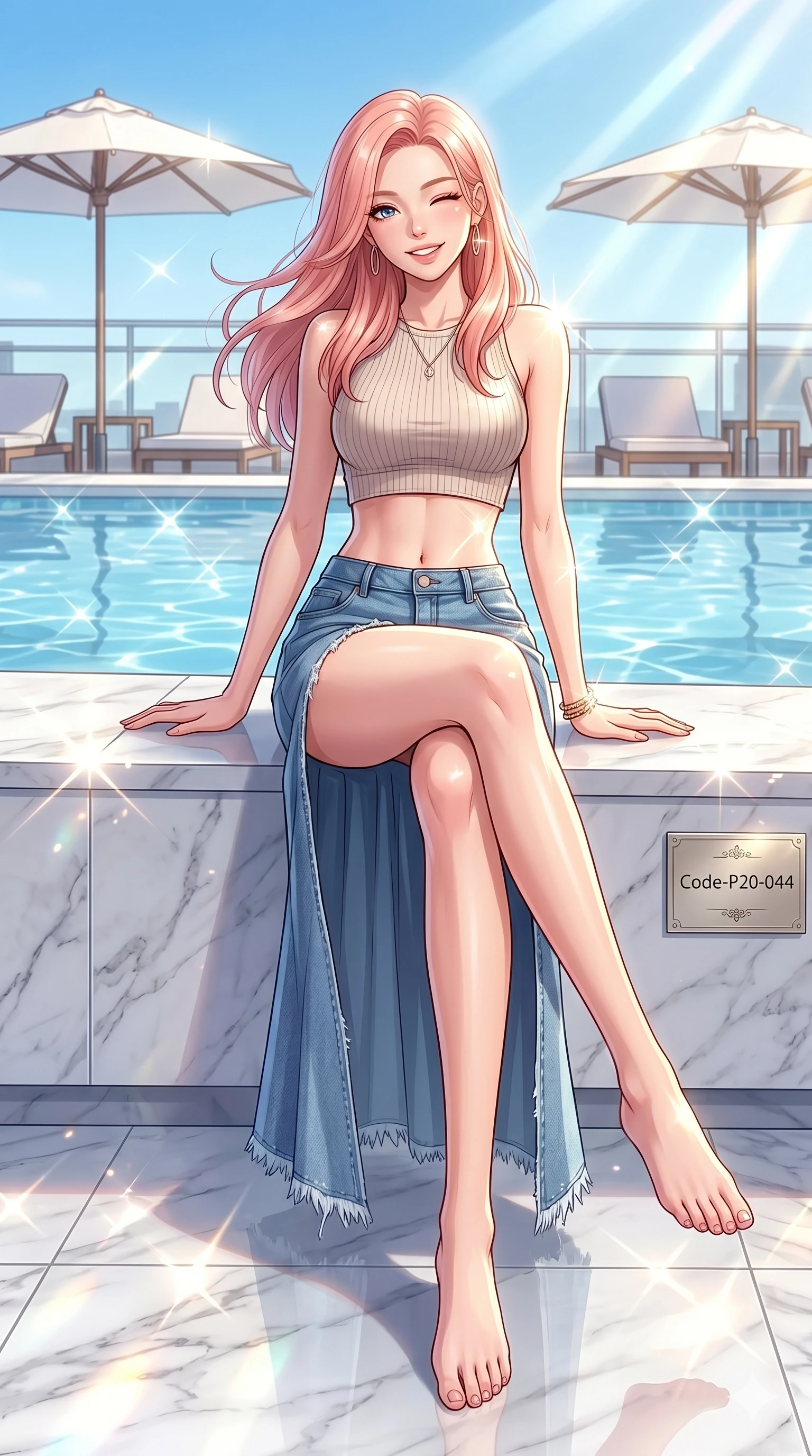 score_9, masterpiece, best quality, ultra-detailed, high-budget anime keyframe, vibrant anime aesthetic, Japanese woman. low angle full-body shot from head to toe showing her feet, filling the entire 9:16 vertical frame with her statuesque presence, stretching her vertical silhouette. She is sitting on a marble ledge, winking and smiling cheerfully at the viewer on a sunny rooftop pool lounge with white umbrellas (Code-P20-044). She has an absolutely perfect 8-heads proportion, an exceptionally tall and slender female figure with impossibly long slender legs and an ultra-slim waist. V-shaped jawline, high-bridge nose, intricate jewel-like eyes with depth, thick eyelashes, glossy lips with a natural sheen. wearing a crop top with an exposed midriff and a high-slit denim skirt. She is illuminated by direct, sparkling sunbeams reflecting off the polished marble floor. 2k, ultra detail, master piece, 9:16 ratio