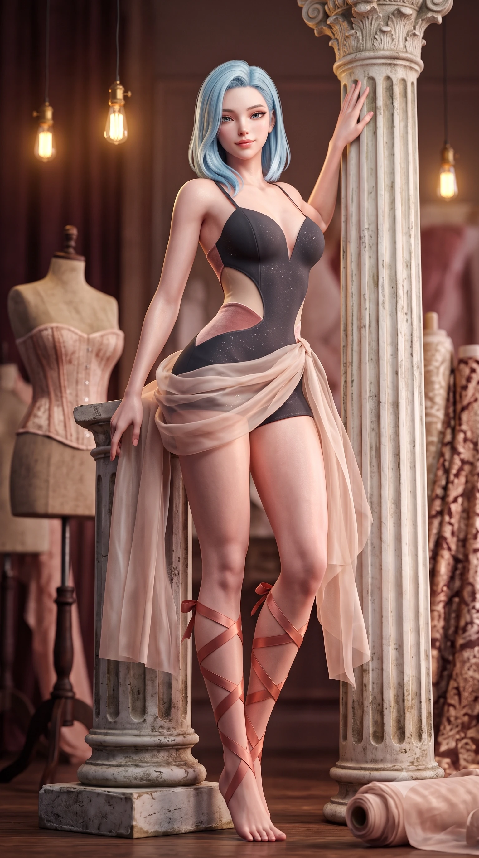 score_9, masterpiece, best quality, ultra-detailed, high-budget anime keyframe, semi-realistic 3D game render, editorial fashion photography, tasteful artistic composition, Korean woman. low angle full-body shot from head to toe showing her feet, filling the entire 9:16 vertical frame with her statuesque presence, stretching her vertical silhouette. standing tall beside the architectural column, one hand resting high while arching her lower back to emphasize her sculpted feminine hips and slender waist while twisting her slender torso in an alluring contrapposto stance, sheer silk fabric rolls draping around her narrow waist and curvy hips. The background shows a soft-focus antique mannequin silhouettes wearing Victorian opera corsets and rolls of vintage brocade blurred into mahogany, cream, and rose-gold bokeh. She has an absolutely perfect, statuesque 8.5-heads proportion, an exceptionally tall and slender model-like female figure with impossibly long slender legs, an ultra-slim waist, a flat toned midriff, narrow delicate ribcage, and beautifully sculpted feminine hips creating a graceful, slim hourglass silhouette without any bulky heaviness. sharp v-shaped jawline, high-bridge nose, sparkling eyes with hypnotic seductive depth, thick curled eyelashes, glossy parted lips with a natural dewy peach sheen, alluring bedroom-eyes with an enchanting coquettish smile, exuding magnetic siren charisma and sophisticated glamour, flawlessly proportioned anatomical accuracy, strict slender model proportions, natural body alignment, perfectly sculpted long slender limbs, ultra-slim waistline, clean dynamic posture without body distortion. wearing a deep sweetheart-neckline matte-carbon bodycon romper with sheer side-torso cutouts accentuating her hourglass curves in powder champagne cream and dusty rose velvet, woven from stretch metallic lurex jersey casting radiant starlight glints across her silhouette, finished with delicate satin ballet ribbon ties criss-crossing up her slender calves to the knee, the form-contouring silhouette accentuating her sculpted flat midriff, narrow delicate ribcage, and gracefully curvy hips with intoxicating allure. bathed in soft warm incandescent atelier lamps hanging low over work tables. highly saturated vibrant anime colors, detailed shading with soft gradients, rich glossy textures, high-contrast stereoscopic depth, volumetric dynamic lighting, master piece, 9:16 ratio