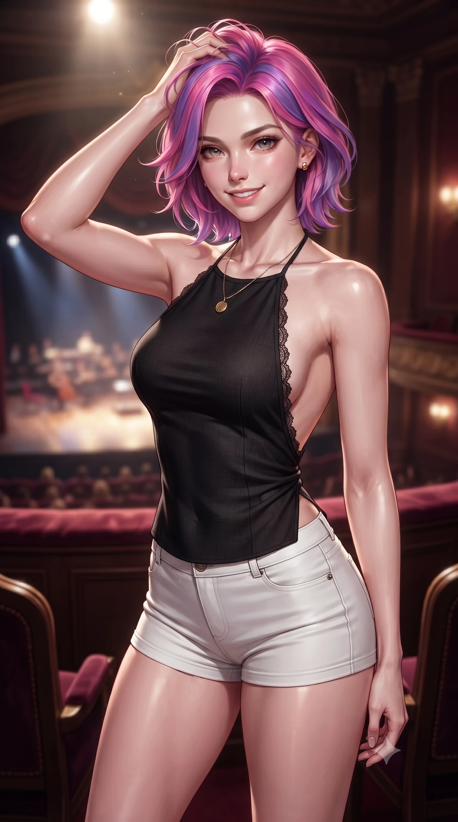 score_9, masterpiece, best quality, ultra-detailed, high-budget anime keyframe, editorial fashion photography, tasteful artistic composition, Caucasian woman. close-up cowboy shot from the waist and thighs up, the character dominates the composition, filling the frame with her large presence, background elements kept in soft focus. smiling with quiet, magnetic self-assurance directly into the camera, running a hand through her hair the background shows a soft-focus an intimate opera box suite with plush velvet seats and a view of the glowing stage. She has an exceptionally elegant, slender, and willowy female figure with an ultra-slim waist, a gracefully sculpted slender torso, and a refined silhouette. sharp v-shaped jawline, high-bridge nose, intricate jewel-like eyes with depth, thick eyelashes, glossy lips with a natural sheen. wearing a body-hugging stylish linen halter top with an open-back design, paired with white micro-shorts. dramatic theater stage lights casting a bright key light and deep shadows on her silhouette. ultra-reflective glossy finish, specular highlights, metallic sheen, high-contrast stereoscopic depth, volumetric dynamic lighting, 2k, ultra detail, master piece, 9:16 ratio