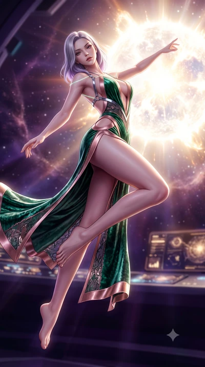 score_9, masterpiece, best quality, ultra-detailed, high-budget anime keyframe, semi-realistic 3D game render, editorial fashion photography, tasteful artistic composition, Caucasian woman. low angle full-body shot from head to toe showing her feet, 