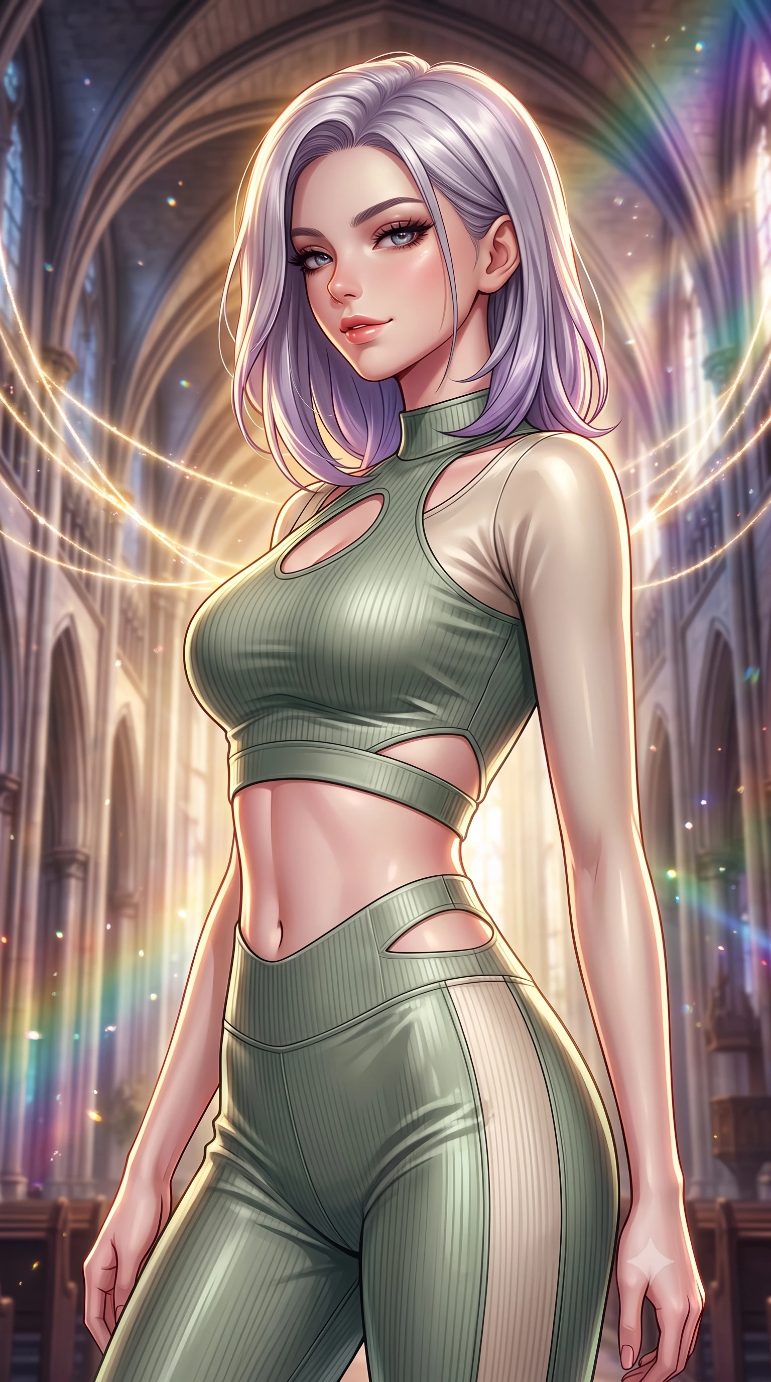 score_9, masterpiece, best quality, ultra-detailed, high-budget anime keyframe, editorial fashion photography, tasteful artistic composition, Caucasian woman. close-up cowboy shot from the waist and thighs up, the character dominates the composition, filling the frame with her large presence, background elements kept in soft focus. Glancing sidelong over her shoulder with a smoldering half-smile and heavy lashes guiding glowing choir light threads weaving through majestic vaulted arches, floating glass dust and incense smoke scattering colorful light beams. She has an exceptionally elegant, slender, and willowy female figure with an ultra-slim waist, a gracefully sculpted slender torso, and a refined silhouette. sharp v-shaped jawline, high-bridge nose, intricate jewel-like eyes with depth, thick eyelashes, glossy lips with a natural sheen. wearing a form-fitting ribbed activewear set with collar cutouts in sage green and oatmeal, crafted from lustrous satin jersey with fluid draping, featuring subtle geometric cutouts that highlight her ultra-slim midriff, the form-contouring material highlighting her ultra-slim waist and long lines. illuminated by a warm golden key light and brilliant multi-color rim light. highly saturated vibrant anime colors, detailed shading with soft gradients, rich glossy textures, high-contrast stereoscopic depth, volumetric dynamic lighting, master piece, 9:16 ratio
