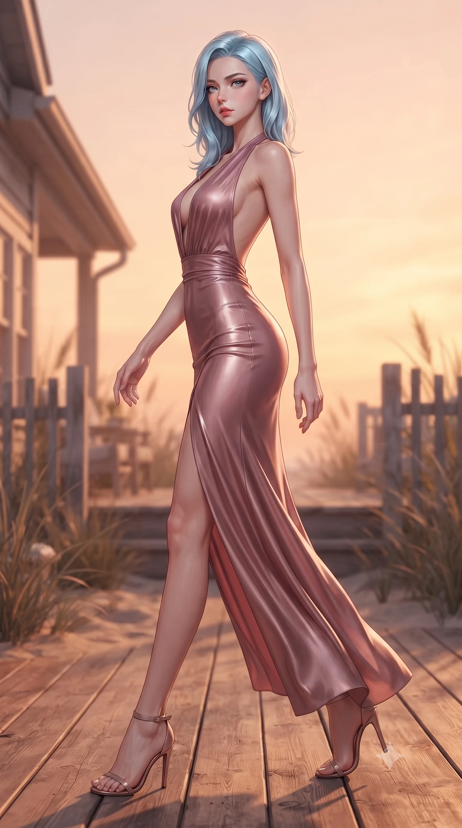 score_9, masterpiece, best quality, ultra-detailed, high-budget anime keyframe, editorial fashion photography, tasteful artistic composition, Korean woman woman. low angle full-body shot from head to toe showing her feet, filling the entire 9:16 vertical frame with her statuesque presence, stretching her vertical silhouette. stepping gracefully while looking back over her shoulder, her dress draped tightly to reveal her silhouette the background shows a soft-focus a quiet wooden deck of a beachside cottage, surrounded by beachgrass and fences. She has an absolutely perfect, statuesque 8.5-heads proportion, an exceptionally tall and slender model-like female figure with impossibly long slender legs and an ultra-slim waist. sharp v-shaped jawline, high-bridge nose, intricate jewel-like eyes with depth, thick eyelashes, glossy lips with a natural sheen. wearing a slim-fit deep plunging-V neck maxi dress in dusty rose chiffon with a bold halter neck and low-cut back. warm sunset light casting a peaceful, cozy orange wash on her figure. ultra-reflective glossy finish, specular highlights, metallic sheen, high-contrast stereoscopic depth, volumetric dynamic lighting, 2k, ultra detail, master piece, 9:16 ratio