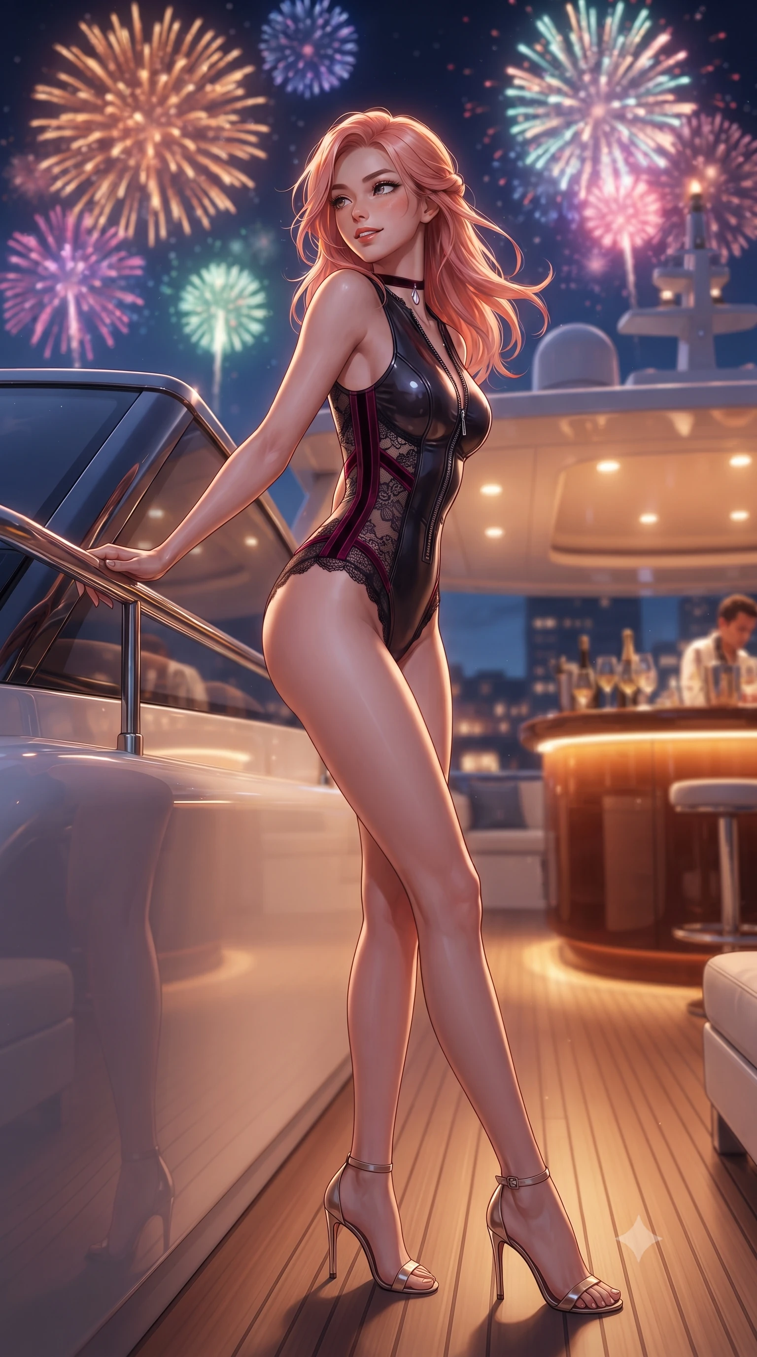 score_9, masterpiece, best quality, ultra-detailed, high-budget anime keyframe, editorial fashion photography, tasteful artistic composition, Japanese woman. low angle full-body shot from head to toe showing her feet, filling the entire 9:16 vertical frame with her statuesque presence, stretching her vertical silhouette. walking along the terrace with poise, looking back over her bare shoulder with an irresistible smoldering bedroom-gaze while leaning against the flybridge windscreen with hips cocked back, looking over a bare shoulder toward colorful fireworks bursting over the harbor. The background shows a soft-focus high-gloss flybridge bar shelving softened in glamorous Caribbean party shallow focus. She has an absolutely perfect, statuesque 8.5-heads proportion, an exceptionally tall and slender model-like female figure with impossibly long slender legs, an ultra-slim waist, a flat toned midriff, narrow delicate ribcage, and beautifully sculpted feminine hips creating a graceful, slim hourglass silhouette without any bulky heaviness. sharp v-shaped jawline, high-bridge nose, sparkling eyes with hypnotic seductive depth, thick curled eyelashes, glossy parted lips with a natural dewy peach sheen, alluring bedroom-eyes with an enchanting coquettish smile, exuding magnetic siren charisma and sophisticated glamour, flawlessly proportioned anatomical accuracy, strict slender model proportions, natural body alignment, perfectly sculpted long slender limbs, ultra-slim waistline, clean dynamic posture without body distortion. wearing a form-contouring wet-look neoprene zip-front maillot with high-cut leg openings and racing side stripes in deep bordeaux velvet and delicate black chantilly, tailored from fine structural neoprene with crisp architectural edges and smooth contouring, finished with a thin velvet ribbon choker and a single teardrop diamond pendant, the precision-cut side openings and low-back scoop framing her graceful spine and the sensual sweep of her slim, toned hips. bathed in dynamic multi-color light flashes from fireworks overhead mixed with warm amber bar counter glow. ultra-reflective glossy finish, specular highlights, rich textural contrasts, high-contrast stereoscopic depth, volumetric dynamic lighting, 2k, ultra detail, master piece, 9:16 ratio