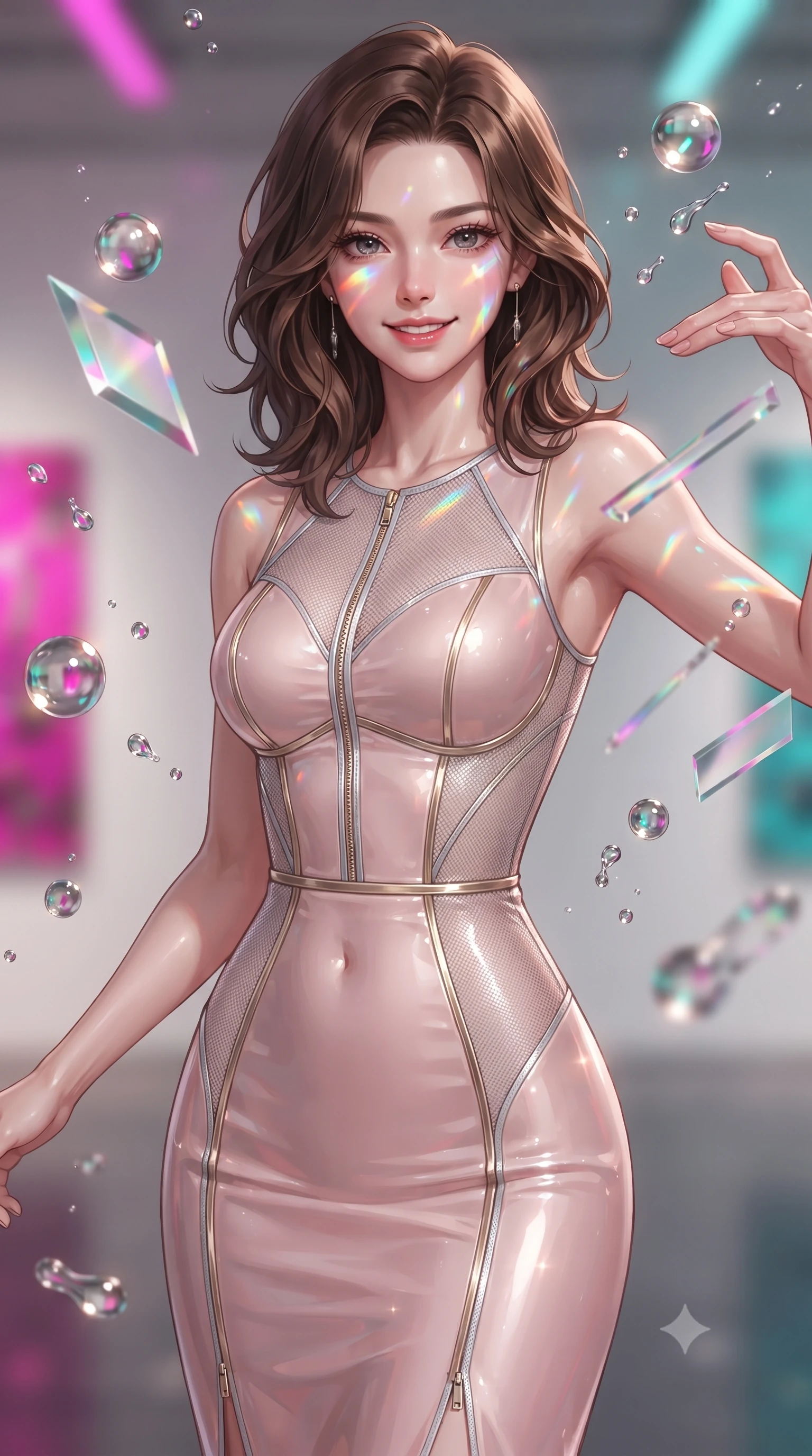 score_9, masterpiece, best quality, ultra-detailed, high-budget anime keyframe, editorial fashion photography, tasteful artistic composition, Korean woman. close-up cowboy shot from the waist and thighs up, the character dominates the composition, filling the frame with her large presence, background elements kept in soft focus. Smiling with quiet, magnetic self-assurance directly into the camera, interacting with floating glass prisms that refract liquid light into rainbows, vibrant paint droplets frozen in time casting specular highlights. She has an exceptionally elegant, slender, and willowy female figure with an ultra-slim waist, a gracefully sculpted slender torso, and a refined silhouette. sharp v-shaped jawline, high-bridge nose, intricate jewel-like eyes with depth, thick eyelashes, glossy lips with a natural sheen. wearing fitted opal-glazed silk maxi dress hugging every curve in soft blush pink, made of fine silver contouring mesh, finished with metallic gold boning and sleek zipper points, following her slender form with tailored precision. surrounded by a radiant glow of magenta and aqua fluid highlights. ultra-reflective glossy finish, specular highlights, metallic sheen, high-contrast stereoscopic depth, volumetric dynamic lighting, 2k, ultra detail, master piece, 9:16 ratio