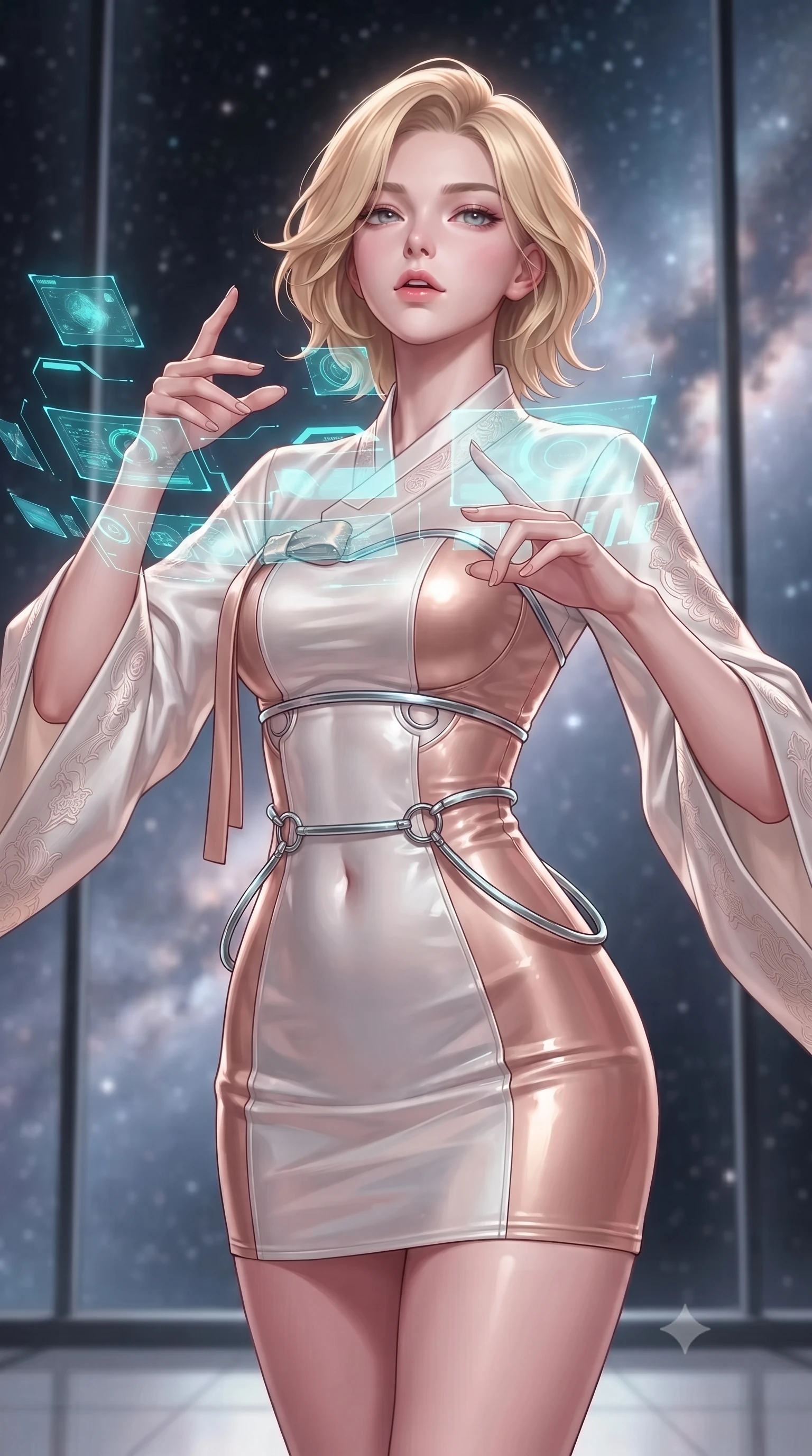 score_9, masterpiece, best quality, ultra-detailed, high-budget anime keyframe, editorial fashion photography, tasteful artistic composition, Caucasian woman. close-up cowboy shot from the waist and thighs up, the character dominates the composition, filling the frame with her large presence, background elements kept in soft focus. Tilting her chin up slightly with lips parted in a magnetic, composed expression manipulating floating translucent cyan hologram data shards in a void, starlight and cosmic nebula clouds glowing through the floor-to-ceiling glass. She has an exceptionally elegant, slender, and willowy female figure with an ultra-slim waist, a gracefully sculpted slender torso, and a refined silhouette. sharp v-shaped jawline, high-bridge nose, intricate jewel-like eyes with depth, thick eyelashes, glossy lips with a natural sheen. wearing a modern fusion silk hanbok dress with a structured bodice in pearl white and rose gold, tailored from high-gloss patent leather, accented with delicate chrome ring hardware framing her waist, the tailored fabric tightly following every curve of her athletic build. surrounded by a crisp high-tech illumination highlighting every sleek curve. highly saturated vibrant anime colors, detailed shading with soft gradients, rich glossy textures, high-contrast stereoscopic depth, volumetric dynamic lighting, master piece, 9:16 ratio
