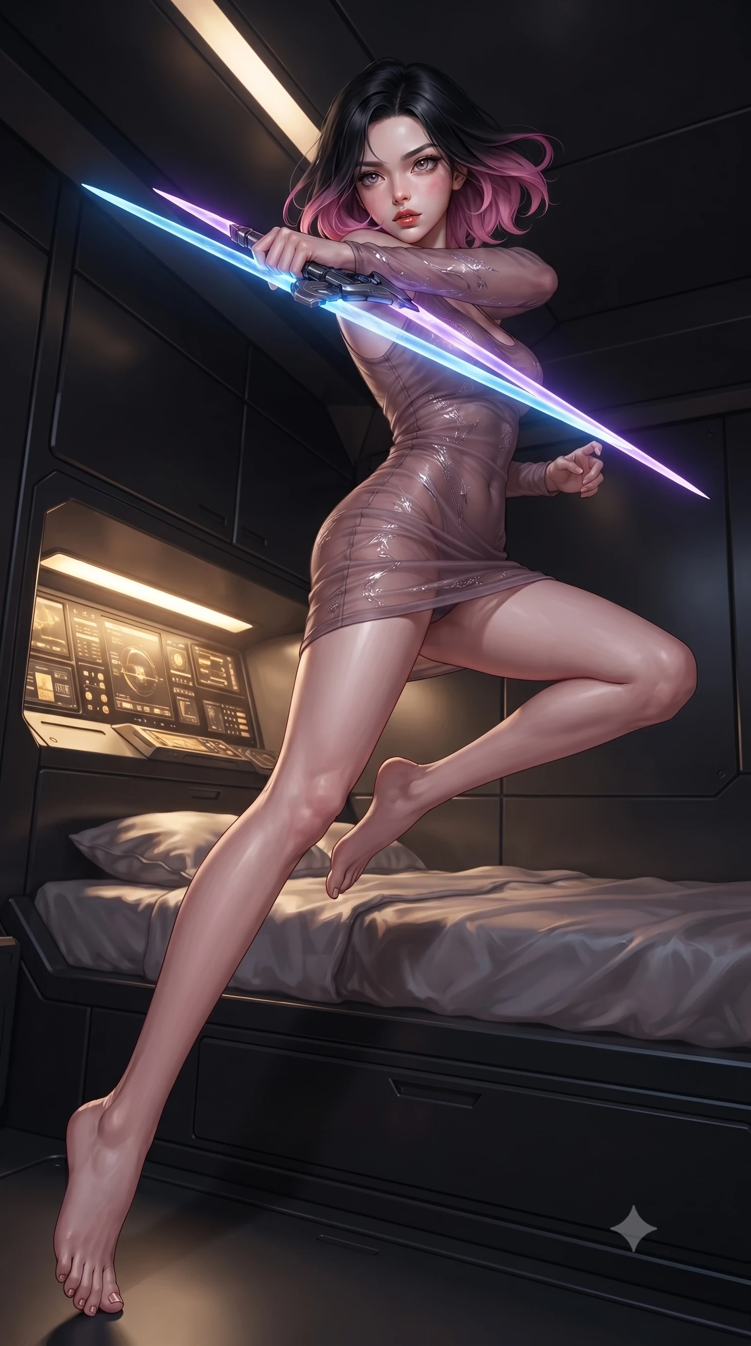 score_9, masterpiece, best quality, ultra-detailed, high-budget anime keyframe, editorial fashion photography, tasteful artistic composition, Korean woman. low angle full-body shot from head to toe showing her feet, filling the entire 9:16 vertical frame with her statuesque presence, stretching her vertical silhouette. leaping forward while slashing with a twin-bladed plasma sword in mid-air, her body-contouring suit showing her athletic silhouette, the background shows a soft-focus a private quarters aboard an interstellar singularity warship with dark carbon walls. She has an absolutely perfect, statuesque 8.5-heads proportion, an exceptionally tall and slender model-like female figure with impossibly long slender legs and an ultra-slim waist. sharp v-shaped jawline, high-bridge nose, intricate jewel-like eyes with depth, thick eyelashes, glossy lips with a natural sheen. wearing a body-hugging sheer organza dress in dusty mauve, showing her slender torso and willowy silhouette. warm golden light from reading consoles casting cozy, intimate shadows on silk sheets. ultra-reflective glossy finish, specular highlights, metallic sheen, high-contrast stereoscopic depth, volumetric dynamic lighting, 2k, ultra detail, master piece, 9:16 ratio