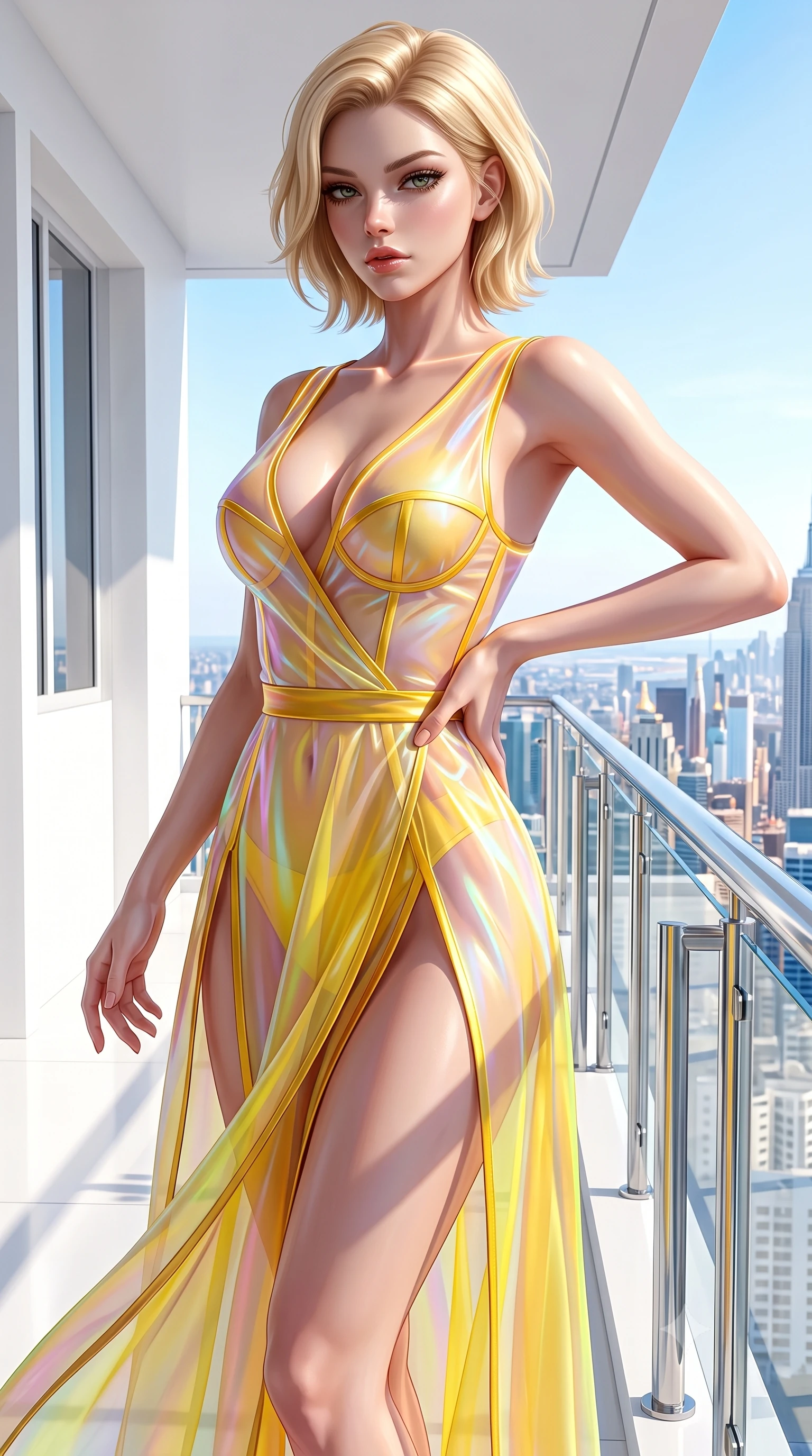 score_9, masterpiece, best quality, ultra-detailed, high-budget anime keyframe, semi-realistic 3D game render, editorial fashion photography, tasteful artistic composition, Caucasian woman. close-up cowboy shot from the waist and thighs up, the character dominates the composition, filling the frame with her large presence. twisting her upper body in a dynamic S-curve with an alluring smolder, one hand trailing along her slender waist while pivoting dynamically near a sleek glass balcony railing overlooking a radiant sunlit metropolis skyline. The surrounding environment is rendered in vivid detail and crisp panoramic clarity. high-contrast pristine white decor and sunlit architectural lines rendered with environmental sharpness. She has an exceptionally elegant, slender, and willowy female figure with an ultra-slim waist, a gracefully sculpted slender torso, toned flat midriff, and a refined slim silhouette. sharp v-shaped jawline, high-bridge nose, intricate jewel-like eyes with depth, thick eyelashes, glossy lips with a natural sheen, flawlessly proportioned anatomical accuracy, strict slender model proportions, natural body alignment, perfectly sculpted long slender limbs, ultra-slim waistline, clean dynamic posture without body distortion. wearing a translucent iridescent organza wrap dress with structured bustier boning, plunging neckline, and high-cut dual leg slits in vibrant sunburst canary yellow and gold trim, made of smooth iridescent silk chiffon that shifts colors with movement, accented with glowing fiber-optic seams tracing her collarbones and hip curves, the liquid-tight tailored fabric emphasizing every curve of her tall, slender model proportions and sculptured silhouette during dynamic movement. surrounded by a hyper-clean, sophisticated, and ultra-chic luxury editorial aura. highly saturated vibrant anime colors, detailed shading with soft gradients, rich glossy textures, high-contrast stereoscopic depth, volumetric dynamic lighting, master piece, 9:16 ratio