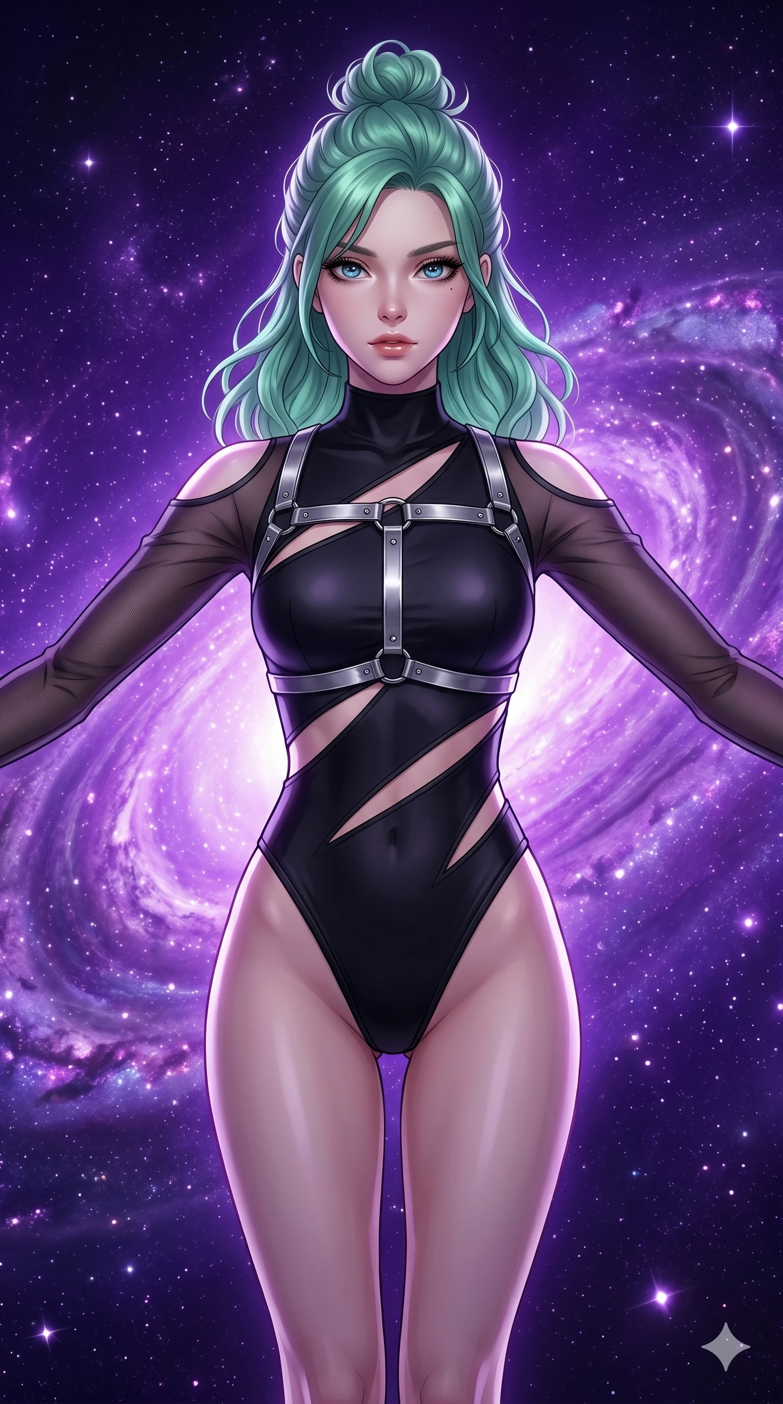 score_9, masterpiece, best quality, ultra-detailed, high-budget anime keyframe, editorial fashion photography, tasteful artistic composition, Japanese woman. Upper body close-up from the thighs up, character filling the screen for maximum presence. She is floating weightlessly inside a brilliant violet galaxy, surrounded by swirling cosmic dust rings. She spreads her arms in a graceful flying pose, looking toward the camera. She has an absolutely perfect 8-heads proportion, an exceptionally tall and slender female figure with impossibly long slender legs and an ultra-slim waist. V-shaped jawline, high-bridge nose, intricate jewel-like eyes with depth, thick eyelashes, glossy lips with a natural sheen. She is wearing an ultra-sleek high-cut tech-bodysuit featuring dangerous diagonal slitted cutouts on the midriff and shoulders, reinforced by a metallic silver harness and sheer mesh sleeves. The scene is bathed in brilliant purple starlight and a sharp white front key light highlighting her details. 2k, ultra detail, master piece, 9:16 ratio