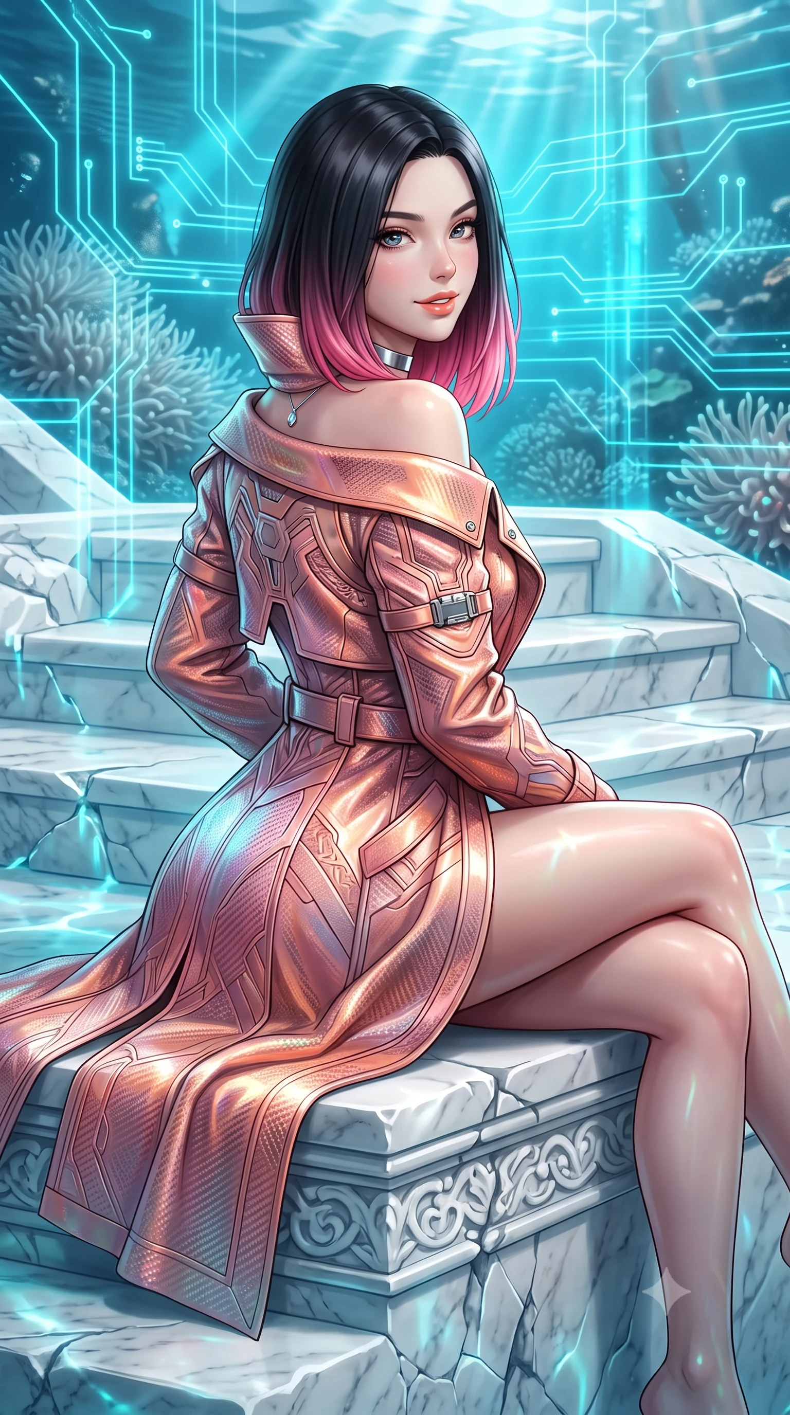 score_9, masterpiece, best quality, ultra-detailed, high-budget anime keyframe, editorial fashion photography, tasteful artistic composition, Korean woman. close-up cowboy shot from the waist and thighs up, the character dominates the composition, filling the frame with her large presence. posing in an alluring rear three-quarter angle, looking over a bare shoulder with parted glossy lips, her hips cocked back to highlight her slim hourglass curve while sitting gracefully on the carved marble tier with legs crossed, flashing an enchanting smile with parted glossy lips. The surrounding environment is rendered in vivid detail and crisp panoramic clarity: sharp white Carrara marble fractures, pulsing cyan holographic circuitry lines, and delicate sea anemone textures in deep focus. She has an exceptionally elegant, slender, and willowy female figure with an ultra-slim waist, flat toned midriff, narrow ribcage, and sculpted feminine hips creating an alluring, slim hourglass silhouette without bulk. sharp v-shaped jawline, high-bridge nose, intricate jewel-like sparkling eyes with depth, thick eyelashes, glossy parted lips with a natural peach sheen, bright cheerful beaming smile with an enchanting and coquettish sensual glint, exuding both youthful cute charm and seductive allure, flawlessly proportioned anatomical accuracy, strict slender model proportions, natural body alignment, perfectly sculpted long slender limbs, ultra-slim waistline, clean dynamic posture without body distortion. wearing a tailored high-collar cyberpunk tech-trench coat with magnetic buckle closures and wide storm flaps in Solaris liquid rose-quartz and alien peach, woven from structured carbon-fiber jacquard with rich textural depth, finished with a minimalist chrome choker and a single teardrop diamond pendant, the impeccably tailored cut draping gracefully along her slender figure with aristocratic poise. bathed in brilliant underwater cyan caustic ribbons and pulsing hard-light holographic projections. ultra-reflective glossy finish, specular highlights, rich textural contrasts, high-contrast stereoscopic depth, volumetric dynamic lighting, 2k, ultra detail, master piece, 9:16 ratio