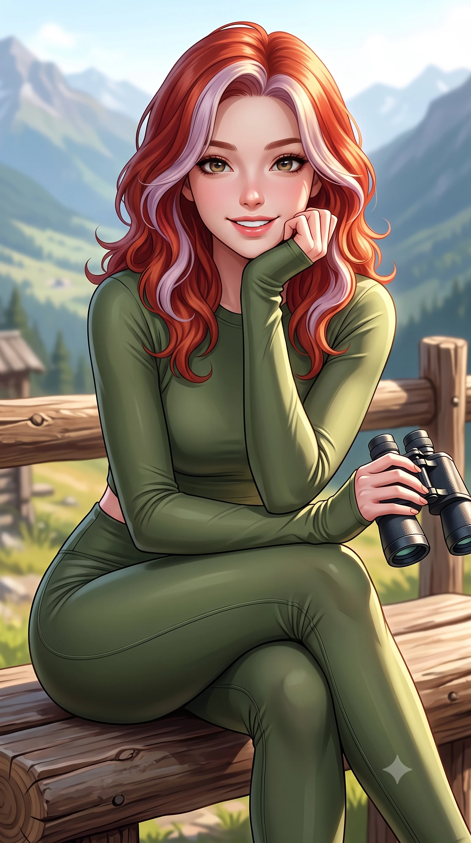 score_9, masterpiece, best quality, ultra-detailed, high-budget anime keyframe, editorial fashion photography, tasteful artistic composition, Caucasian woman. close-up cowboy shot from the waist and thighs up, the character dominates the composition, filling the frame with her large presence, background elements kept in soft focus. smiling cutely while resting her chin on her hand, looking directly into the lens set against a soft-focus background of sitting on a rustic log bench overlooking a panoramic mountain valley looking through a pair of binoculars with a happy, excited expression. She has an exceptionally elegant, slender, and willowy female figure with an ultra-slim waist, a gracefully sculpted slender torso, and a refined silhouette. sharp v-shaped jawline, high-bridge nose, intricate jewel-like eyes with depth, thick eyelashes, glossy lips with a natural sheen. wearing form-contouring tight-fitting athletic long-sleeve top in olive green, paired with form-contouring leggings. crisp midday sunlight creating clean, sharp contours on her active outfit. highly saturated vibrant anime colors, detailed shading with soft gradients, rich glossy textures, high-contrast stereoscopic depth, volumetric dynamic lighting, master piece, 9:16 ratio