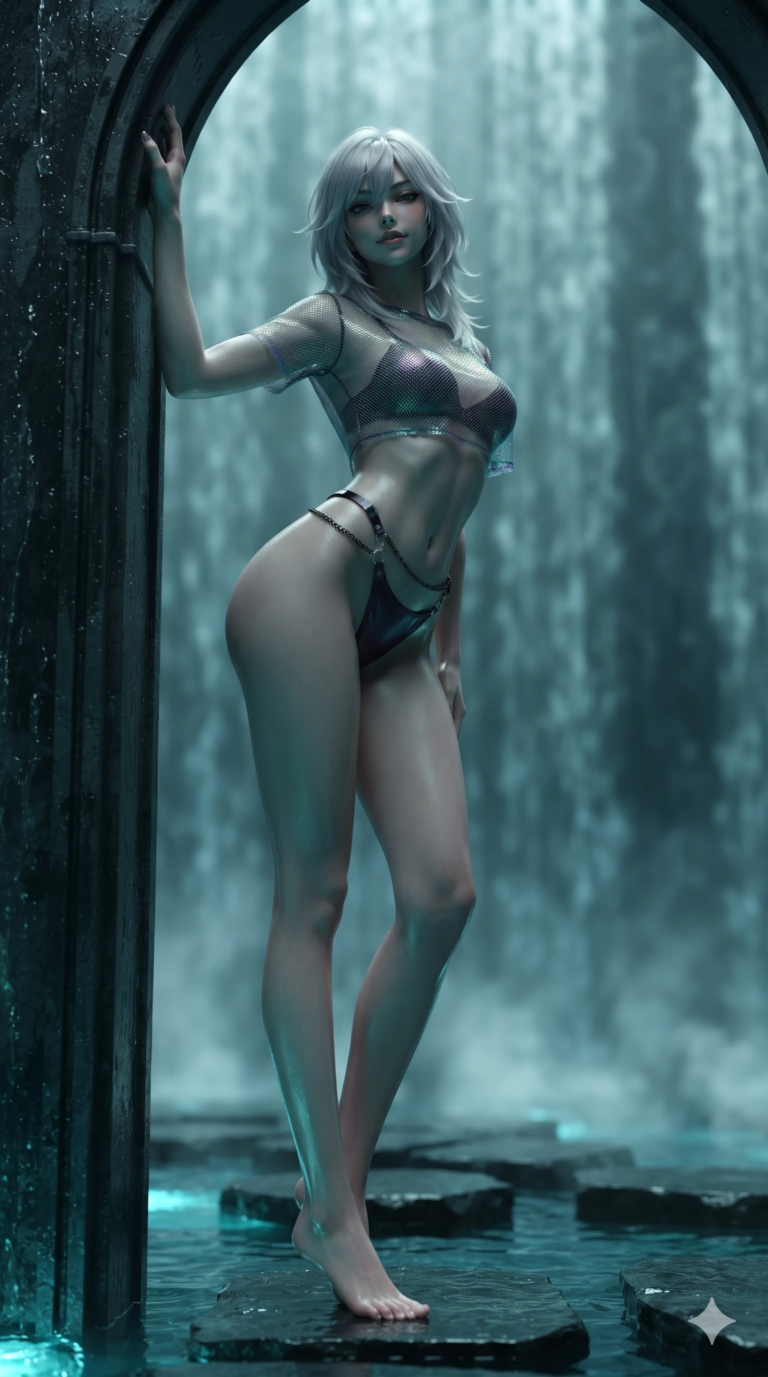 score_9, masterpiece, best quality, ultra-detailed, high-budget anime keyframe, editorial fashion photography, tasteful artistic composition, Japanese woman. low angle full-body shot from head to toe showing her feet, filling the entire 9:16 vertical frame with her statuesque presence, stretching her vertical silhouette. standing tall beside the towering gothic arch, one hand resting high while arching her lower back to emphasize her sculpted feminine curves while leaning against the sheer wet basalt water wall with hips cocked back, looking through thick curled eyelashes with smoldering bedroom-eyes. The background shows a soft-focus vertical cascading water walls, floating black volcanic stone pathways, and rising water vapor blurred into charcoal, teal, and slate bokeh. She has an absolutely perfect, statuesque 8.5-heads proportion, an exceptionally tall and slender model-like female figure with impossibly long slender legs, an ultra-slim waist, a flat toned midriff, narrow delicate ribcage, and beautifully sculpted feminine hips creating a graceful, slim hourglass silhouette without any bulky heaviness. sharp v-shaped jawline, high-bridge nose, intricate jewel-like dark sparkling eyes with hypnotic seductive depth, thick curled eyelashes, glossy parted lips with a natural wine sheen, alluring bedroom-eyes with an enigmatic smoldering smile, exuding magnetic sovereign charisma and dark avant-garde glamour, flawlessly proportioned anatomical accuracy, strict slender model proportions, natural body alignment, perfectly sculpted long slender limbs, ultra-slim waistline, clean dynamic posture without body distortion. wearing a translucent iridescent mesh swim crop top paired with high-cut string bikini bottoms and dark waist chains in obsidian black and dark plum violet, tailored from soft dark satin with subtle light-absorbing depth, framed by dark titanium buckles and silver chain details, the glove-like silhouette tightly following the natural contour of her hips and long slender legs with youthful 8.5-heads elegance. bathed in dramatic submerged teal LED light wash cutting upward through crystalline dark water. ultra-reflective glossy finish, specular highlights, metallic sheen, high-contrast stereoscopic depth, volumetric dynamic lighting, 2k, ultra detail, master piece, 9:16 ratio