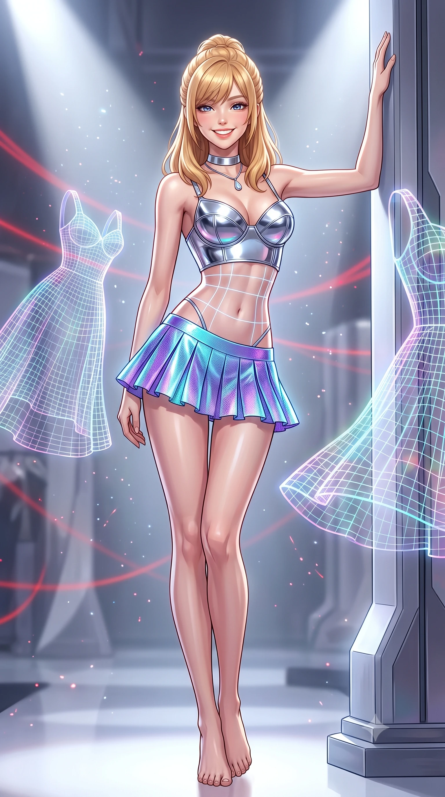 score_9, masterpiece, best quality, ultra-detailed, high-budget anime keyframe, editorial fashion photography, tasteful artistic composition, Caucasian woman. low angle full-body shot from head to toe showing her feet, filling the entire 9:16 vertical frame with her statuesque presence, stretching her vertical silhouette. standing tall beside the architectural column, one hand resting high while arching her lower back to emphasize her sculpted feminine hips and slender waist while twisting her slender torso in an alluring S-curve as holographic wireframe dresses float around her, laser grids tracing her flat midriff and hips. The background shows a soft-focus laser haze particles softened in avant-garde fashion atelier shallow focus. She has an exceptionally tall and slender model-like 8.5-heads proportion, an ultra-slim waist, a flat toned midriff, narrow delicate ribcage, and beautifully sculpted feminine hips creating a graceful, slim hourglass silhouette without any bulky heaviness, with impossibly long slender legs. sharp v-shaped jawline, high-bridge nose, intricate jewel-like sparkling eyes with depth, thick eyelashes, glossy parted lips with a natural peach sheen, bright cheerful beaming smile with an enchanting and coquettish sensual glint, exuding both youthful cute charm and seductive allure, flawlessly proportioned anatomical accuracy, strict slender model proportions, natural body alignment, perfectly sculpted long slender limbs, ultra-slim waistline, clean dynamic posture without body distortion. wearing a chrome-plated structured underwire bustier top paired with an ultra-short low-rise pleated micro mini skirt in Cheonggyecheon neon aqua and ultraviolet amethyst, crafted from stretch micro-mesh with liquid foil coating that shimmers with every movement, finished with a minimalist chrome choker and a single teardrop diamond pendant, the form-contouring silhouette accentuating her sculpted flat midriff, narrow delicate ribcage, and gracefully curvy hips with intoxicating allure. bathed in high-contrast crisp white 5000K runway spotlights contrasted with subtle red ambient laser ribbons. ultra-reflective glossy finish, specular highlights, rich textural contrasts, high-contrast stereoscopic depth, volumetric dynamic lighting, 2k, ultra detail, master piece, 9:16 ratio