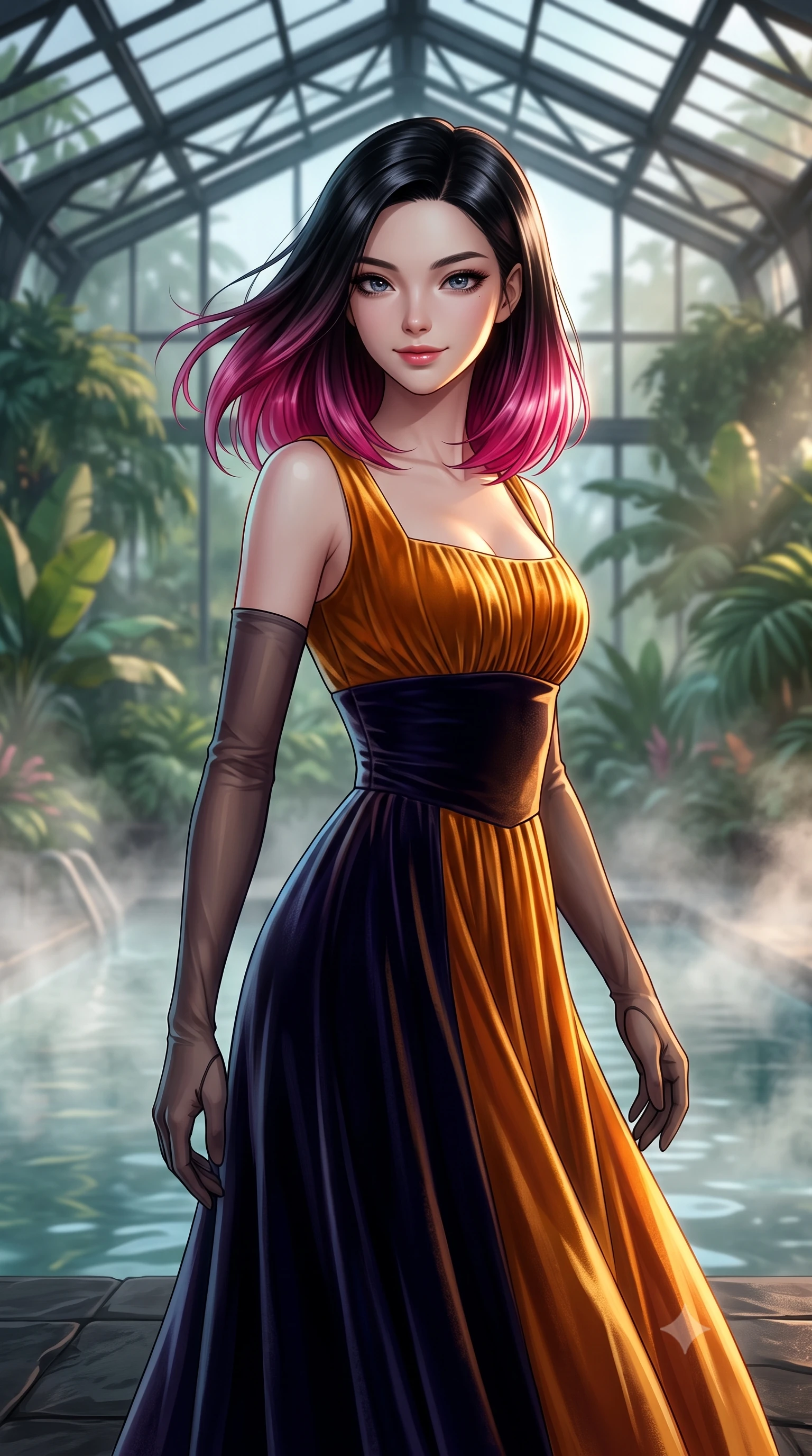 score_9, masterpiece, best quality, ultra-detailed, high-budget anime keyframe, editorial fashion photography, tasteful artistic composition, Korean woman. close-up cowboy shot from the waist and thighs up, the character dominates the composition, filling the frame with her large presence. turning slowly with an enchanting smoldering smile, her glossy hair tossing in the breeze as her hips angle gracefully in a captivating contrapposto while standing poised on the heated lava stone deck beside the steaming botanical thermal pool under the soaring glass conservatory truss, arching her back with siren allure. The background shows a soft-focus rising geothermal water vapor softened in exclusive botanical retreat shallow focus. She has an exceptionally elegant, slender, and willowy female figure with an ultra-slim waist, flat toned midriff, narrow ribcage, and sculpted feminine hips creating an alluring, slim hourglass silhouette without bulk. sharp v-shaped jawline, high-bridge nose, intricate jewel-like sparkling eyes with depth, thick eyelashes, glossy parted lips with a natural peach sheen, bright cheerful beaming smile with an enchanting and coquettish sensual glint, exuding both youthful cute charm and seductive allure, flawlessly proportioned anatomical accuracy, strict slender model proportions, natural body alignment, perfectly sculpted long slender limbs, ultra-slim waistline, clean dynamic posture without body distortion. wearing a classical Habsburg empire-line pleated velvet evening gown with modest square neckline in Seville orange blossom gold and midnight moorish indigo, tailored from ultra-plush silk velvet with rich tactile depth and deep shadow gradients, complemented by sheer opera-length evening gloves tracing her slender arms, the impeccably tailored cut draping gracefully along her slender figure with aristocratic poise. illuminated by mineral pool specular bounce and sharp gold-cyan dual rim lights sculpting her jawline, narrow waist, and curvy hips. ultra-reflective glossy finish, specular highlights, rich textural contrasts, high-contrast stereoscopic depth, volumetric dynamic lighting, 2k, ultra detail, master piece, 9:16 ratio