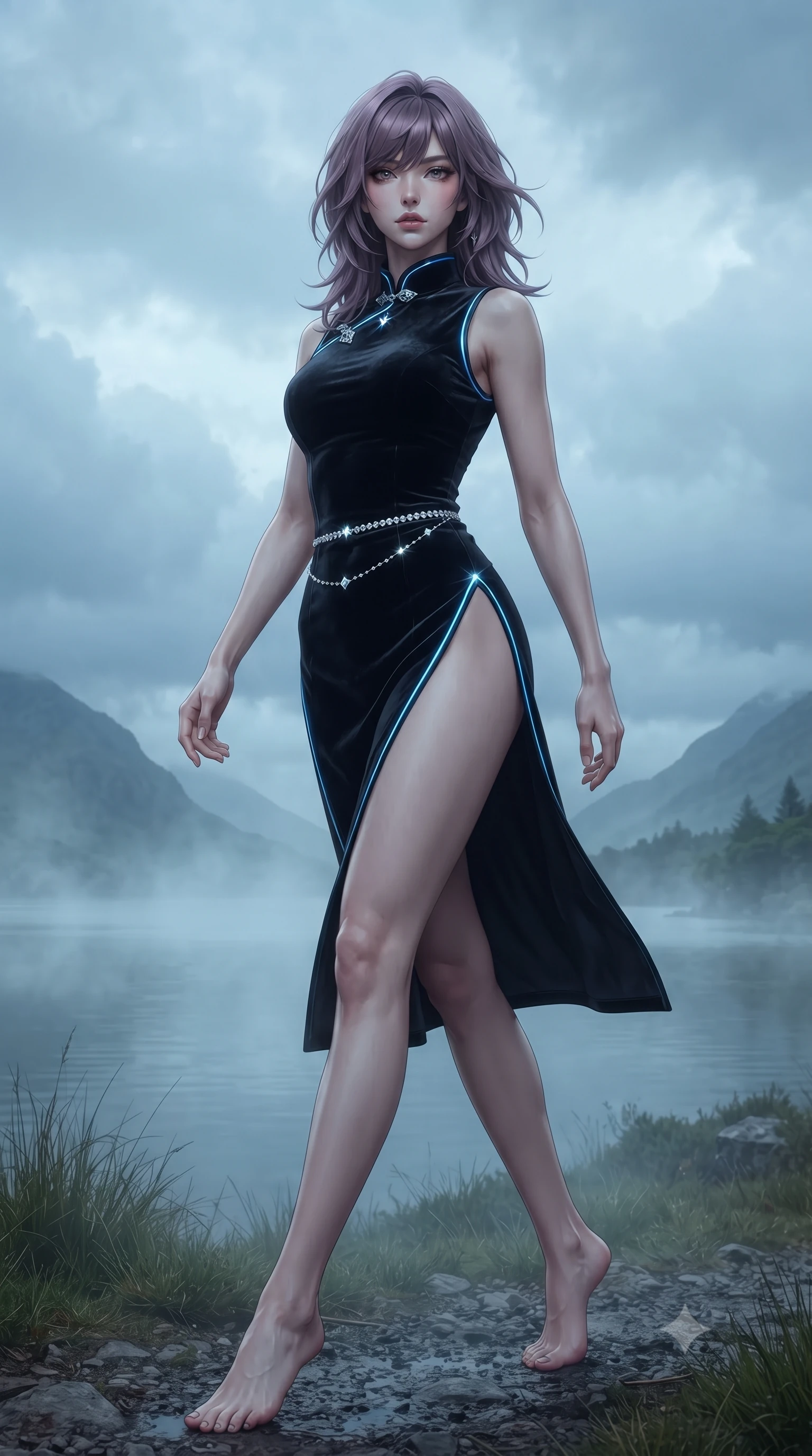 score_9, masterpiece, best quality, ultra-detailed, high-budget anime keyframe, editorial fashion photography, tasteful artistic composition, Japanese woman. low angle full-body shot from head to toe showing her feet, filling the entire 9:16 vertical frame with her statuesque presence, stretching her vertical silhouette. striding forward in a proud supermodel runway stride, hips swaying in an alluring kinetic rhythm that accentuates her curvy hourglass silhouette while turning in an alluring contrapposto stance as her sweeping heavy fabric catches the highland breeze, gazing out over the mist-shrouded waters. The surrounding environment is rendered in vivid detail and crisp panoramic clarity. detailed heavy knit and velvet texture, wind-whipped hair strands, and dramatic cloud layers in high resolution. She has an exceptionally tall and slender model-like 8.5-heads proportion, an ultra-slim waist, a flat toned midriff, narrow delicate ribcage, and beautifully sculpted feminine hips creating a graceful, slim hourglass silhouette without any bulky heaviness, with impossibly long slender legs. sharp v-shaped jawline, high-bridge nose, intricate jewel-like eyes with depth, thick eyelashes, glossy parted lips with a natural sheen, intensely captivating and seductive bedroom-eyes expression, flawlessly proportioned anatomical accuracy, strict slender model proportions, natural body alignment, perfectly sculpted long slender limbs, ultra-slim waistline, clean dynamic posture without body distortion. wearing a modernized cyber-qipao mini dress with an ultra-high side slit ascending to the hip and glowing piping in pitch-black velvet with diamond crystal trim, tailored from water-resistant treated wool gabardine and flexible stretch silk, accented with a dainty diamond waist chain catching the ambient light reflections, the form-contouring material adhering flawlessly to her sculpted flat midriff and slender torso, emphasizing her long leg lines and perfectly proportioned willowy build. illuminated by cool misty ambient loch light softly contouring her razor-sharp jawline, narrow waist, and curvy hips. ultra-reflective glossy finish, specular highlights, rich textural contrasts, high-contrast stereoscopic depth, volumetric dynamic lighting, 2k, ultra detail, master piece, 9:16 ratio
