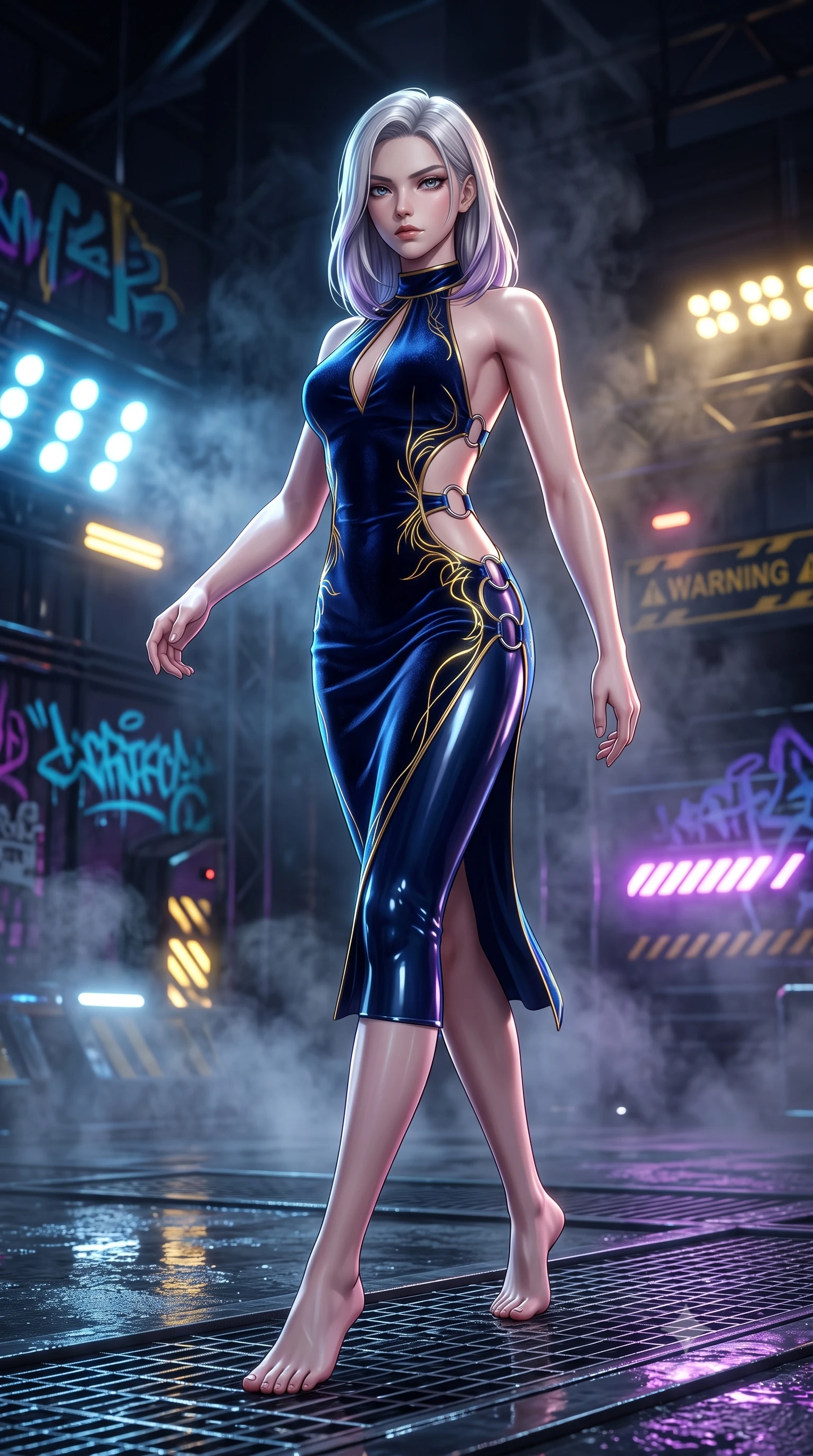 score_9, masterpiece, best quality, ultra-detailed, high-budget anime keyframe, semi-realistic 3D game render, editorial fashion photography, tasteful artistic composition, Caucasian woman. low angle full-body shot from head to toe showing her feet, filling the entire 9:16 vertical frame with her statuesque presence, stretching her vertical silhouette. striding forward in a proud, statuesque motion with a dangerous smolder, her vertical silhouette dominating the frame from head to toe while pivoting dynamically on wet metal grating as pulsating neon arena floodlights trace her sculpted waist. The composition keeps background elements in soft focus with creamy bokeh. glowing graffiti tags and warning strobes scattering high-contrast light across a dark industrial backdrop. She has an absolutely perfect, statuesque 8.5-heads proportion, an exceptionally tall and slender model-like female figure with impossibly long slender legs and an ultra-slim waist. sharp v-shaped jawline, high-bridge nose, intricate jewel-like eyes with depth, thick eyelashes, glossy lips with a natural sheen, flawlessly proportioned anatomical accuracy, natural body alignment, perfectly sculpted elegant limbs, clean dynamic posture without body distortion. wearing a velvet halter-neck midi dress fitting her statuesque contour flawlessly with a Tasteful chest slit and open spine in midnight sapphire blue and glowing gold filaments, crafted from ultra-reflective second-skin latex with a glass-like polish, detailed with polished silver rings connecting the daring side-waist cutouts, the glove-like fit tightly following every curve of her statuesque athletic build. illuminated by dense volumetric steam rays and high-contrast specular reflections on wet metal. highly saturated vibrant anime colors, detailed shading with soft gradients, rich glossy textures, high-contrast stereoscopic depth, volumetric dynamic lighting, master piece, 9:16 ratio