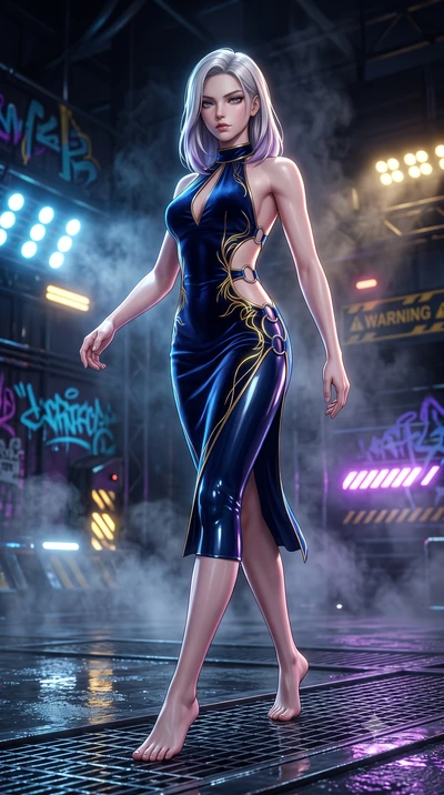 score_9, masterpiece, best quality, ultra-detailed, high-budget anime keyframe, semi-realistic 3D game render, editorial fashion photography, tasteful artistic composition, Caucasian woman. low angle full-body shot from head to toe showing her feet, 