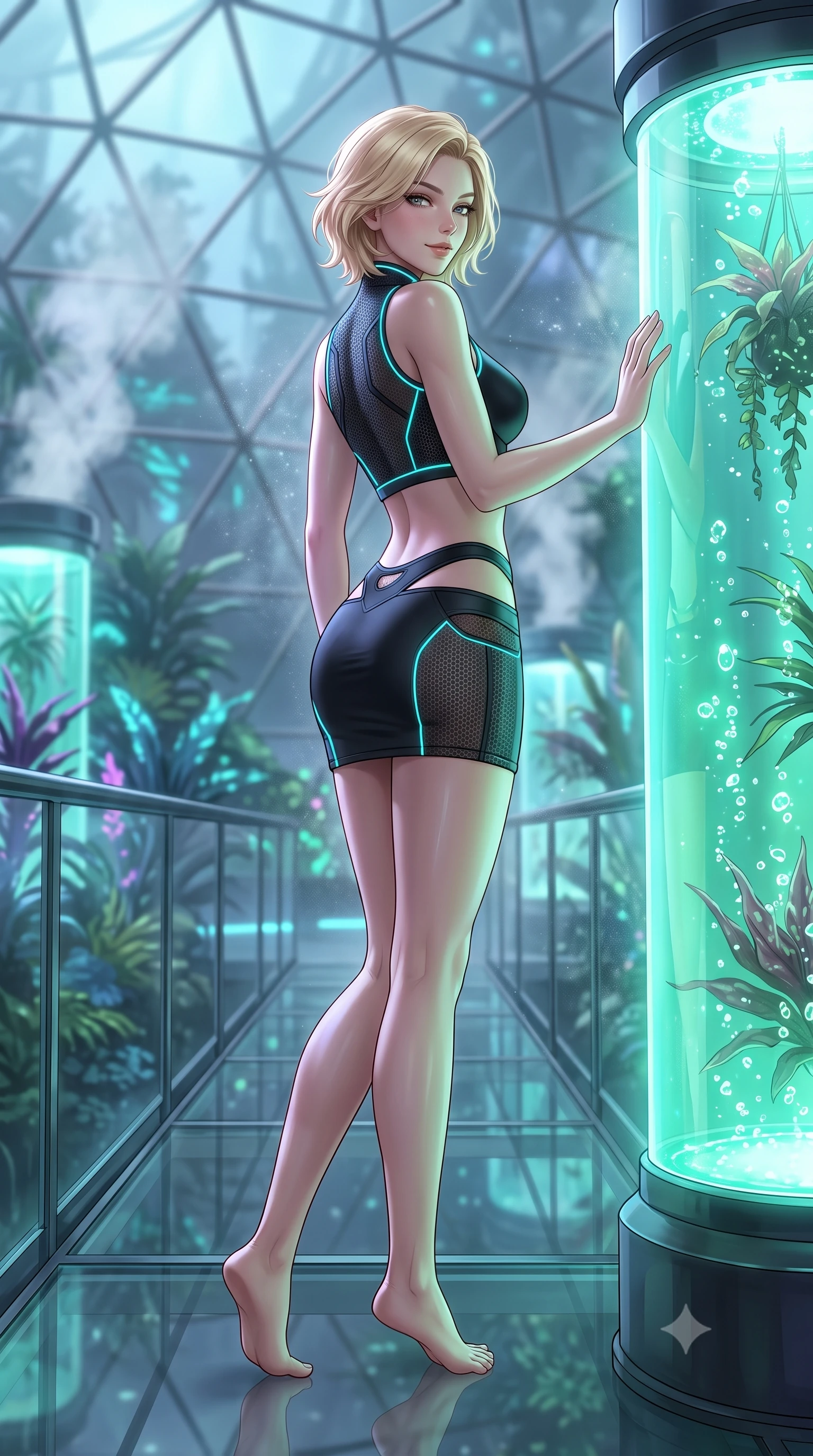 score_9, masterpiece, best quality, ultra-detailed, high-budget anime keyframe, semi-realistic 3D game render, editorial fashion photography, tasteful artistic composition, Caucasian woman. low angle full-body shot from head to toe showing her feet, filling the entire 9:16 vertical frame with her statuesque presence, stretching her vertical silhouette. walking slowly along the transparent glass skybridge, looking back over her shoulder with an air of effortless grace and an alluring, smoldering smile while leaning against an illuminated nutrient glass cylinder with hips cocked back, casting an alluring bedroom-gaze through drifting pollen mist. The background shows a soft-focus steaming nutrient aerosol vapors and soaring geodesic dome framework softened in sci-fi garden shallow focus. She has an absolutely perfect, statuesque 8.5-heads proportion, an exceptionally tall and slender model-like female figure with impossibly long slender legs, an ultra-slim waist, a flat toned midriff, narrow delicate ribcage, and beautifully sculpted feminine hips creating a graceful, slim hourglass silhouette without any bulky heaviness. sharp v-shaped jawline, high-bridge nose, intricate jewel-like sparkling eyes with depth, thick eyelashes, glossy parted lips with a natural sheen, bright confident smile with an enchanting and coquettish sensual glint, exuding both youthful magnetic charm and sovereign high-tech allure, flawlessly proportioned anatomical accuracy, strict slender model proportions, natural body alignment, perfectly sculpted long slender limbs, ultra-slim waistline, clean dynamic posture without body distortion. wearing a body-hugging modern carbon-alloy crop top paired with a low-rise tactical skirt and a subtle waist cut-out in matte obsidian black and glowing neon cyan trim, woven from delicate semi-opaque high-tensile nano-mesh with intricate hexagonal micro-patterns, finished with delicate carbon-fiber boning framing the narrow waistline, the precision-cut side openings and low-back scoop framing her graceful spine and the sensual sweep of her slim, toned hips. bathed in cool ethereal aqua and ultraviolet bioluminescent light radiating from living plants. highly saturated vibrant anime colors, detailed shading with soft gradients, rich glossy textures, high-contrast stereoscopic depth, volumetric dynamic lighting, master piece, 9:16 ratio