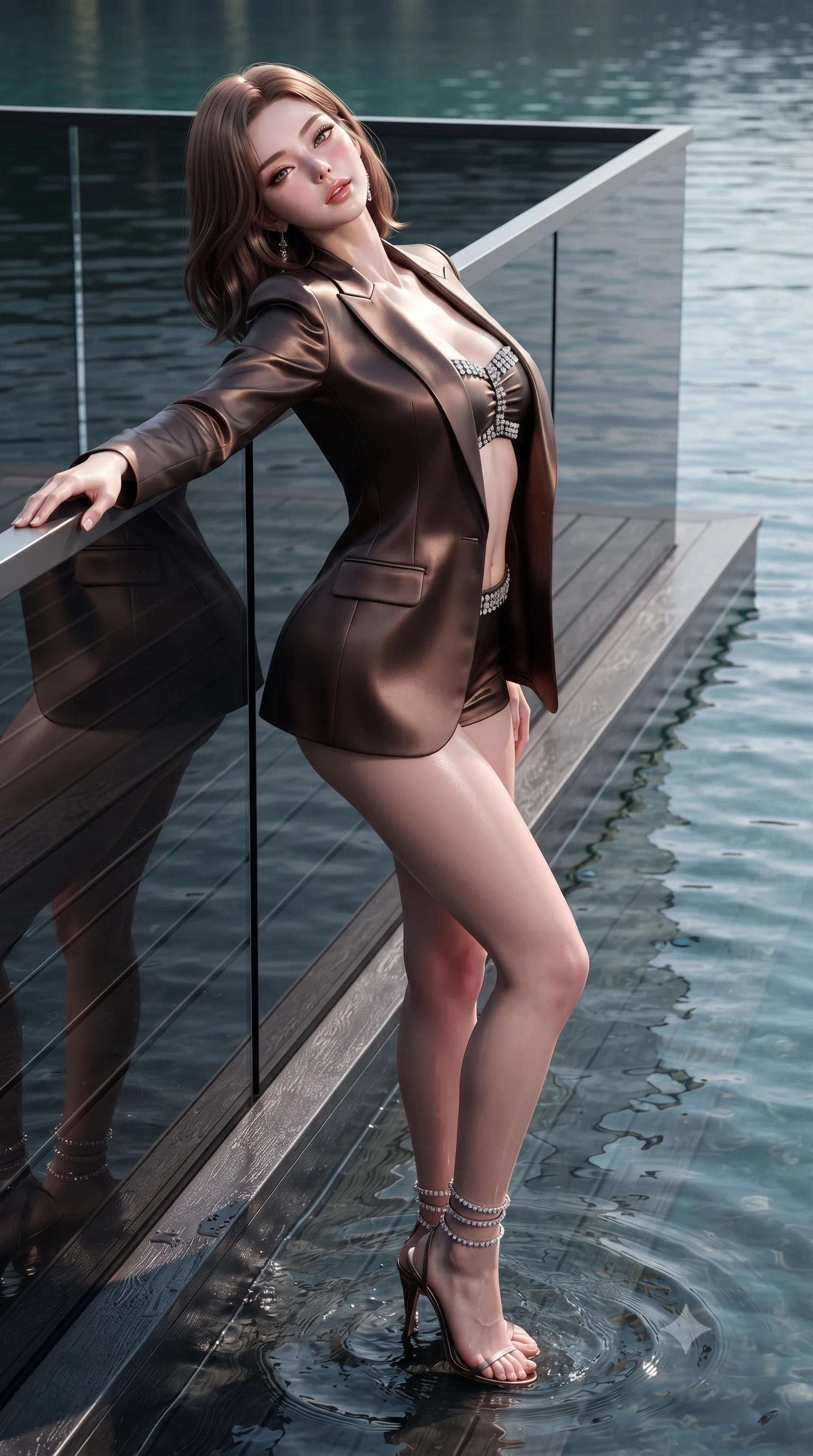 score_9, masterpiece, best quality, ultra-detailed, high-budget anime keyframe, editorial fashion photography, tasteful artistic composition, Korean woman. close-up cowboy shot from the waist and thighs up, the character dominates the composition, filling the frame with her large presence. leaning back against the balustrade with relaxed seductive grace, head tilted back slightly while casting a hypnotic, heavy-lidded gaze while standing on the submerged black teak deck with calm lake water lapping around her ankles, arching her back with sovereign lakefront glamour. The surrounding environment is rendered in vivid detail and crisp panoramic clarity: sharp wet teak plank grain, black-tinted structural glass reflection clarity, and calm water ripple textures in deep focus. She has an exceptionally elegant, slender, and willowy female figure with an ultra-slim waist, flat toned midriff, narrow ribcage, and sculpted feminine hips creating an alluring, slim hourglass silhouette without bulk. sharp v-shaped jawline, high-bridge nose, sparkling eyes with hypnotic seductive depth, thick curled eyelashes, glossy parted lips with a natural dewy peach sheen, alluring bedroom-eyes with an enchanting coquettish smile, exuding magnetic siren charisma and sophisticated glamour, flawlessly proportioned anatomical accuracy, strict slender model proportions, natural body alignment, perfectly sculpted long slender limbs, ultra-slim waistline, clean dynamic posture without body distortion. wearing a tailored open-front satin smoking jacket worn over a jewel-embellished bandeau and micro-shorts in sultry espresso bronze and metallic copper, crafted from fluid liquid silk satin that clings smoothly to every curve with a dewy sheen, complemented by strappy stiletto sandals with crystal ankle wraps accentuating her slender calves, the glove-like clinging cut tightly following the natural contour of her hips and long slender legs with youthful 8.5-heads elegance. illuminated by lake water specular bounce and sharp warm-gold rim lights defining her delicate clavicles, narrow waist, and curvy hips. ultra-reflective glossy finish, specular highlights, rich textural contrasts, high-contrast stereoscopic depth, volumetric dynamic lighting, 2k, ultra detail, master piece, 9:16 ratio