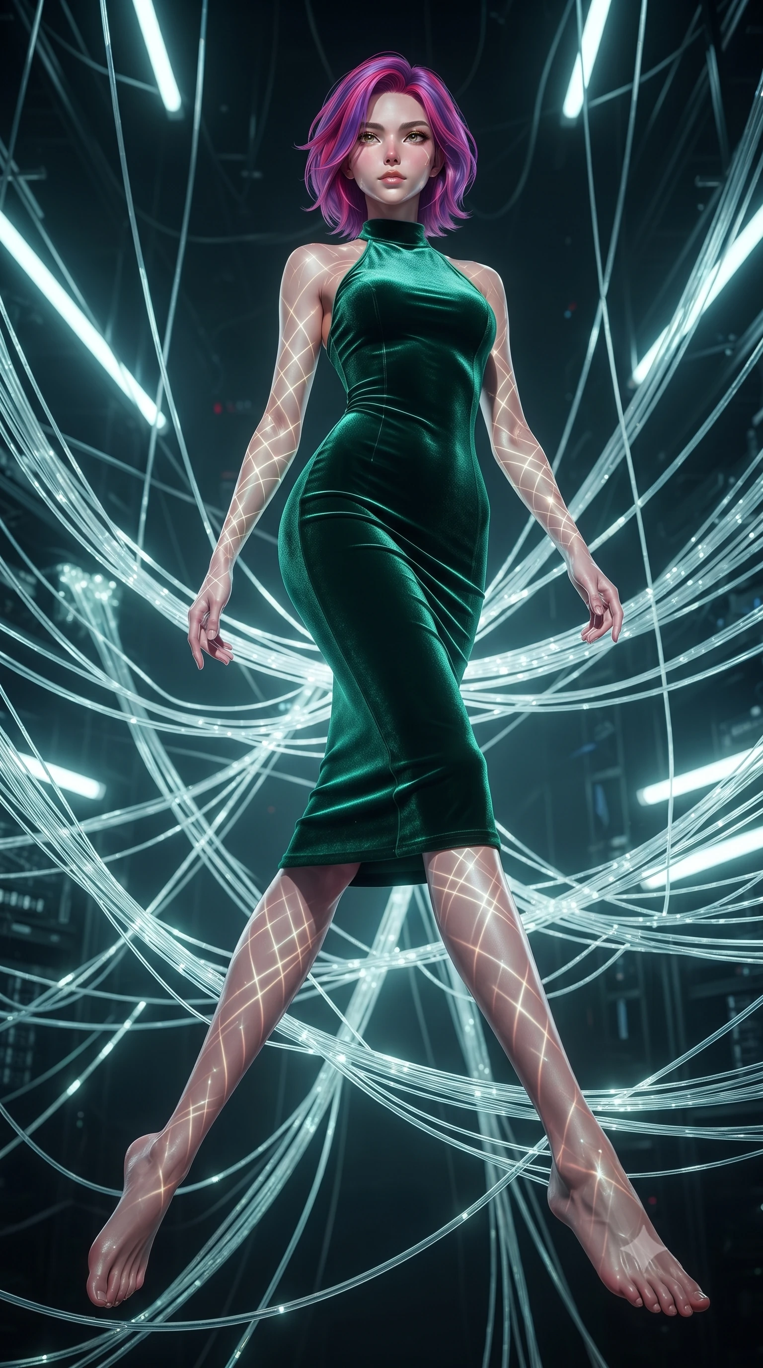 score_9, masterpiece, best quality, ultra-detailed, high-budget anime keyframe, editorial fashion photography, tasteful artistic composition, Caucasian woman. low angle full-body shot from head to toe showing her feet, filling the entire 9:16 vertical frame with her statuesque presence, stretching her vertical silhouette. leaping gracefully through the environment with statuesque elegance and long slender legs threading fluorescent fiber optic lines on a massive 3D light loom, intricate geometric lattice patterns of light projected onto her skin. She has an absolutely perfect, statuesque 8.5-heads proportion, an exceptionally tall and slender model-like female figure with impossibly long slender legs and an ultra-slim waist. sharp v-shaped jawline, high-bridge nose, intricate jewel-like eyes with depth, thick eyelashes, glossy lips with a natural sheen. wearing a velvet halter-neck midi dress in deep emerald, following her form like a glove, the form-contouring material highlighting her ultra-slim waist and long lines. bathed in sharp geometric laser grid highlights and soft ambient fill. ultra-reflective glossy finish, specular highlights, metallic sheen, high-contrast stereoscopic depth, volumetric dynamic lighting, 2k, ultra detail, master piece, 9:16 ratio