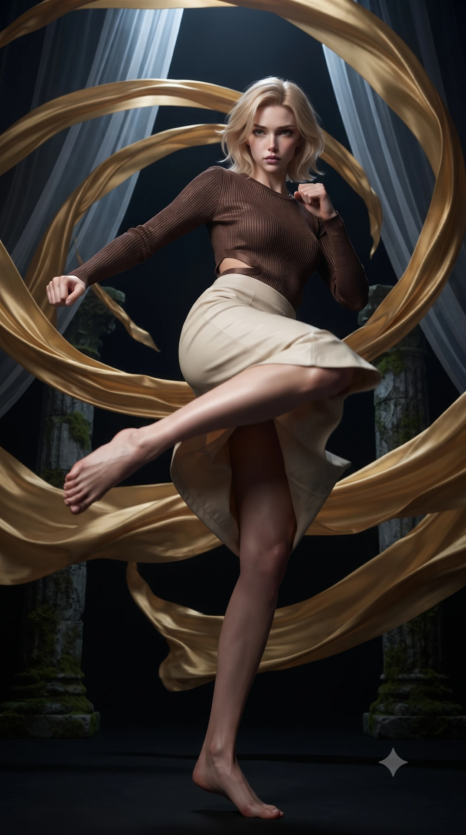 score_9, masterpiece, best quality, ultra-detailed, high-budget anime keyframe, editorial fashion photography, tasteful artistic composition, realistic cosplay photography, Caucasian woman, strictly human ears. low angle full-body shot from head to toe showing her feet, filling the entire 9:16 vertical frame with her statuesque presence, stretching her vertical silhouette. executing a lightning-fast low sweep kick with fluid momentum and intense focus inside a dark space where wide golden silk ribbons are swirling in a giant vortex, wrapping around stone pillars. She has a statuesque 8.5-heads proportion, an exceptionally tall, slender and willowy model-like build with impossibly long legs and a highly sculpted ultra-slim waist. sharp v-shaped jawline, high-bridge nose, intricate jewel-like eyes with depth, thick eyelashes, glossy lips with a natural sheen. wearing the lightweight fabric rippling and billowing dramatically with her movement, a tailored chocolate brown knit top with a subtle waist-cutout detailing, paired with a cream leather pencil skirt. cold silver moonlight filtered through translucent gossamer curtains casting delicate shadows. ultra-reflective glossy finish, specular highlights, metallic sheen, high-contrast stereoscopic depth, volumetric dynamic lighting, 2k, ultra detail, master piece, 9:16 ratio