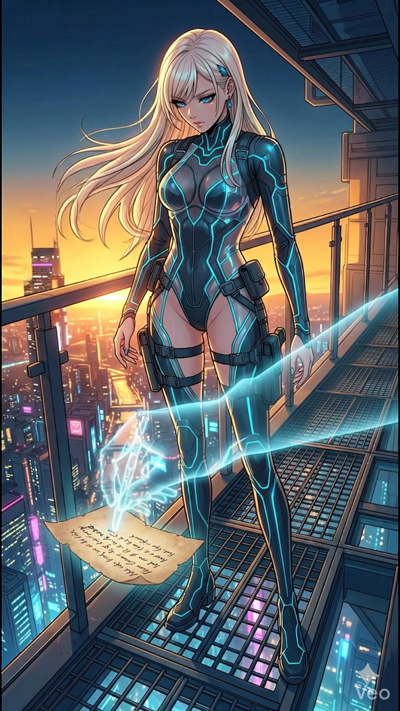 8-second sci-fi sequence. A woman in a black and neon blue tactical bodysuit stands on a lass catwalk overlookin a neon-lit city at dusk. In front of her, a translucent holoraphic hand writes mysterious symbols on a floatin piece of ancient parchment