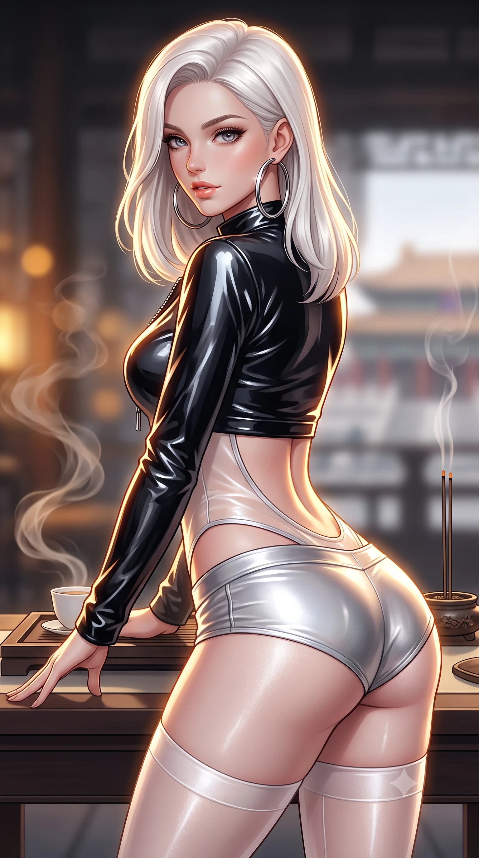 score_9, masterpiece, best quality, ultra-detailed, high-budget anime keyframe, semi-realistic 3D game render, editorial fashion photography, tasteful artistic composition, Caucasian woman. close-up cowboy shot from the waist and thighs up, the character dominates the composition, filling the frame with her large presence. posing in an alluring rear three-quarter angle, looking over a bare shoulder with parted glossy lips, her hips cocked back to highlight her slim hourglass curve while leaning forward over the low tea table with hips cocked back, looking into the lens with an intoxicating, smoldering bedroom-gaze. The background shows a soft-focus swirling tea steam, burning agarwood incense, and distant palace courtyards blurred into amber, charcoal, and pearl bokeh. She has an exceptionally elegant, slender, and willowy female figure with an ultra-slim waist, flat toned midriff, narrow ribcage, and sculpted feminine hips creating an alluring, slim hourglass silhouette without bulk. sharp v-shaped jawline, high-bridge nose, sparkling eyes with hypnotic seductive depth, thick curled eyelashes, glossy parted lips with a natural dewy peach sheen, alluring bedroom-eyes with an enchanting coquettish smile, exuding magnetic siren charisma and sophisticated glamour, flawlessly proportioned anatomical accuracy, strict slender model proportions, natural body alignment, perfectly sculpted long slender limbs, ultra-slim waistline, clean dynamic posture without body distortion. wearing a form-fitting zip-front wet-look vinyl bolero jacket paired with low-rise metallic hot-pants and sheer stockings in pure pearl alabaster with platinum sheen, made of delicate semi-sheer Korean gossamer organza with subtle pearlescent glints, accented with oversized polished chrome hoop earrings catching the ambient neon glow, the precision-cut side openings and low-back scoop framing her graceful spine and the sensual sweep of her slim, toned hips. illuminated by lacquer specular highlights and sharp warm-gold rim lights defining her razor-sharp jawline, narrow waist, and curvy hips. highly saturated vibrant anime colors, detailed shading with soft gradients, rich glossy textures, high-contrast stereoscopic depth, volumetric dynamic lighting, master piece, 9:16 ratio