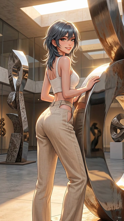 The character in the starting frame maintains their original pose, blinking slowly and looking towards the camera with a subtle, natural expression. A gentle breeze causes their hair to sway softly, providing a sense of presence. The camera executes 