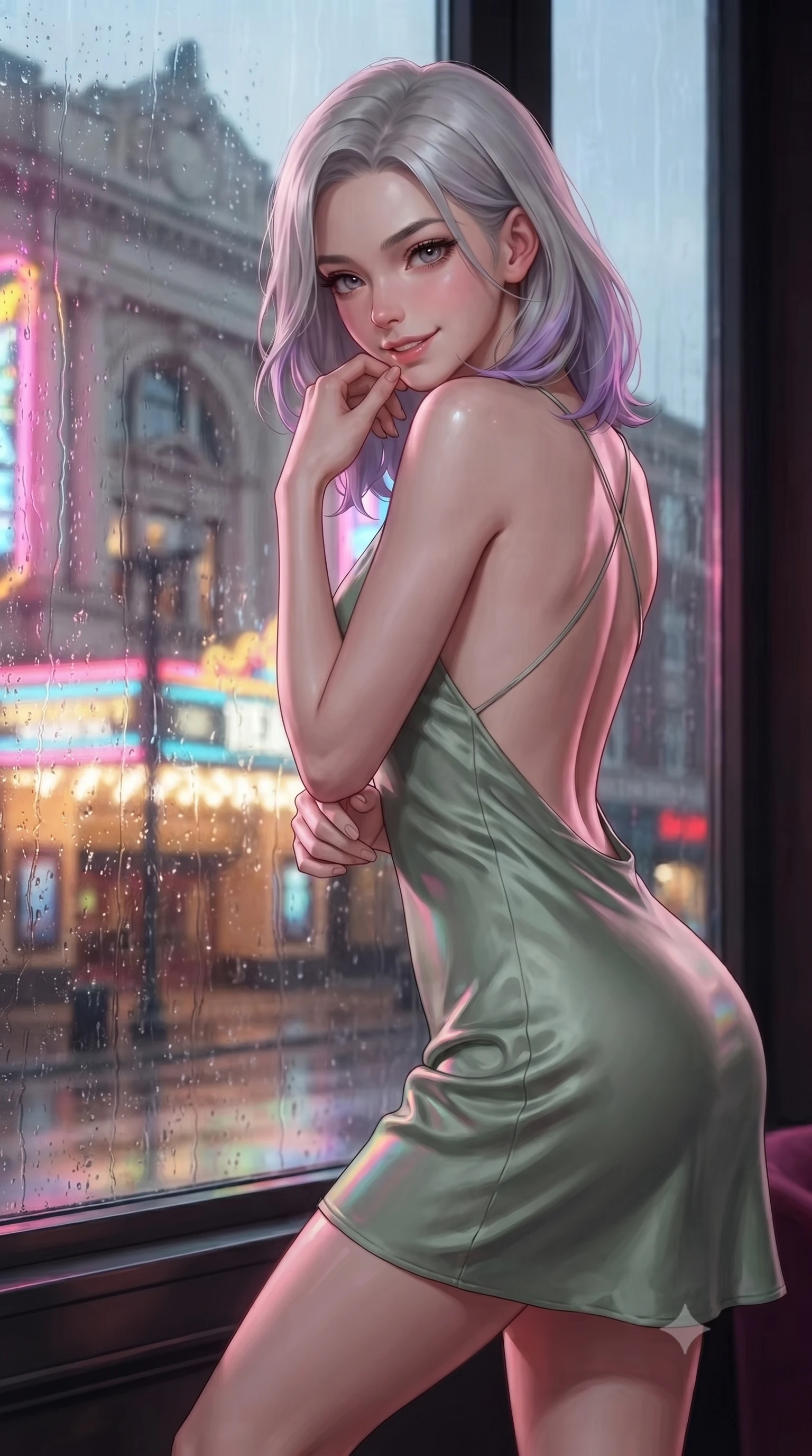 score_9, masterpiece, best quality, ultra-detailed, high-budget anime keyframe, editorial fashion photography, tasteful artistic composition, Caucasian woman. close-up cowboy shot from the waist and thighs up, the character dominates the composition, filling the frame with her large presence, background elements kept in soft focus. leaning slightly forward with a playful, teasing smile, her gaze locked onto the viewer the background shows a soft-focus a velvet-trimmed VIP suite overlooking a historic theater facade in the rain. She has an exceptionally elegant, slender, and willowy female figure with an ultra-slim waist, a gracefully sculpted slender torso, and a refined silhouette. sharp v-shaped jawline, high-bridge nose, intricate jewel-like eyes with depth, thick eyelashes, glossy lips with a natural sheen. wearing a slim-fit lightweight silk sundress in sage green with a dramatic open-back and thin criss-cross straps. vibrant street neon lights reflecting off the wet windows onto her form. ultra-reflective glossy finish, specular highlights, metallic sheen, high-contrast stereoscopic depth, volumetric dynamic lighting, 2k, ultra detail, master piece, 9:16 ratio