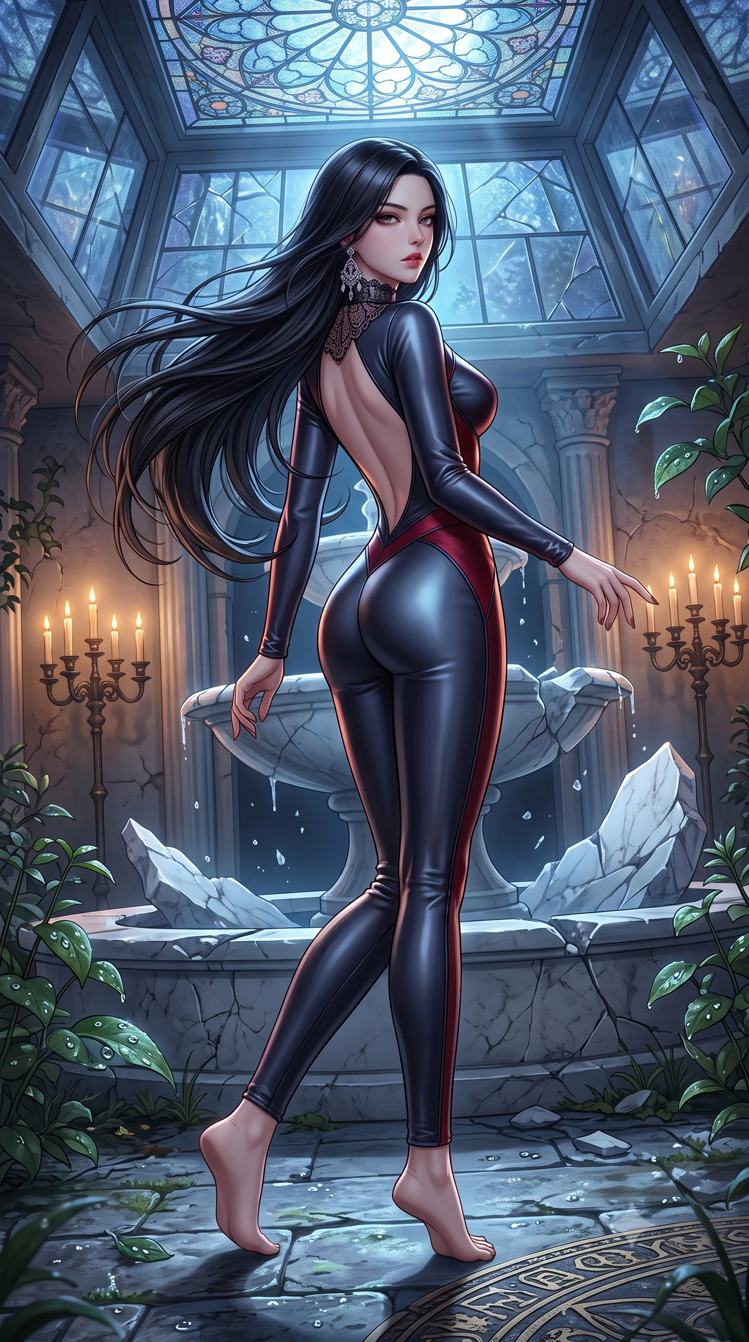 score_9, masterpiece, best quality, ultra-detailed, high-budget anime keyframe, semi-realistic 3D game render, editorial fashion photography, tasteful artistic composition, Korean woman. low angle full-body shot from head to toe showing her feet, filling the entire 9:16 vertical frame with her statuesque presence, stretching her vertical silhouette. executing an elegant mid-motion turn as garments swirl around her slender limbs, glancing over her shoulder with smoldering allure while arching her spine in a fluid, serpentine curve against a shattered marble fountain as silver moonlight filters through stained glass. The surrounding environment is rendered in vivid detail and crisp panoramic clarity. detailed moonlight reflections on glass panels, dew droplets on leaves, and antique candelabras in high clarity. She has an absolutely perfect, statuesque 8.5-heads proportion, an exceptionally tall and slender model-like female figure with impossibly long slender legs, a toned flat midriff, and an ultra-slim waist. sharp v-shaped jawline, high-bridge nose, intricate jewel-like eyes with depth, thick eyelashes, glossy parted lips with a natural sheen, intensely captivating and seductive expression, flawlessly proportioned anatomical accuracy, strict slender model proportions, natural body alignment, perfectly sculpted long slender limbs, ultra-slim waistline, clean dynamic posture without body distortion. wearing a second-skin midnight leather catsuit featuring an open back and delicate lace-patterned collar in midnight slate and deep scarlet accents, tailored from ultra-smooth duchess satin with a pearlescent sheen, finished with a dramatic filigree Victorian choker and chandelier earrings, the glove-like aerodynamic second-skin fit tightly clinging to her ultra-slender waist and feminine curves without adding bulk. bathed in cold lunar moonlight from above and warm flickering candle uplights from below. highly saturated vibrant anime colors, detailed shading with soft gradients, rich glossy textures, high-contrast stereoscopic depth, volumetric dynamic lighting, master piece, 9:16 ratio