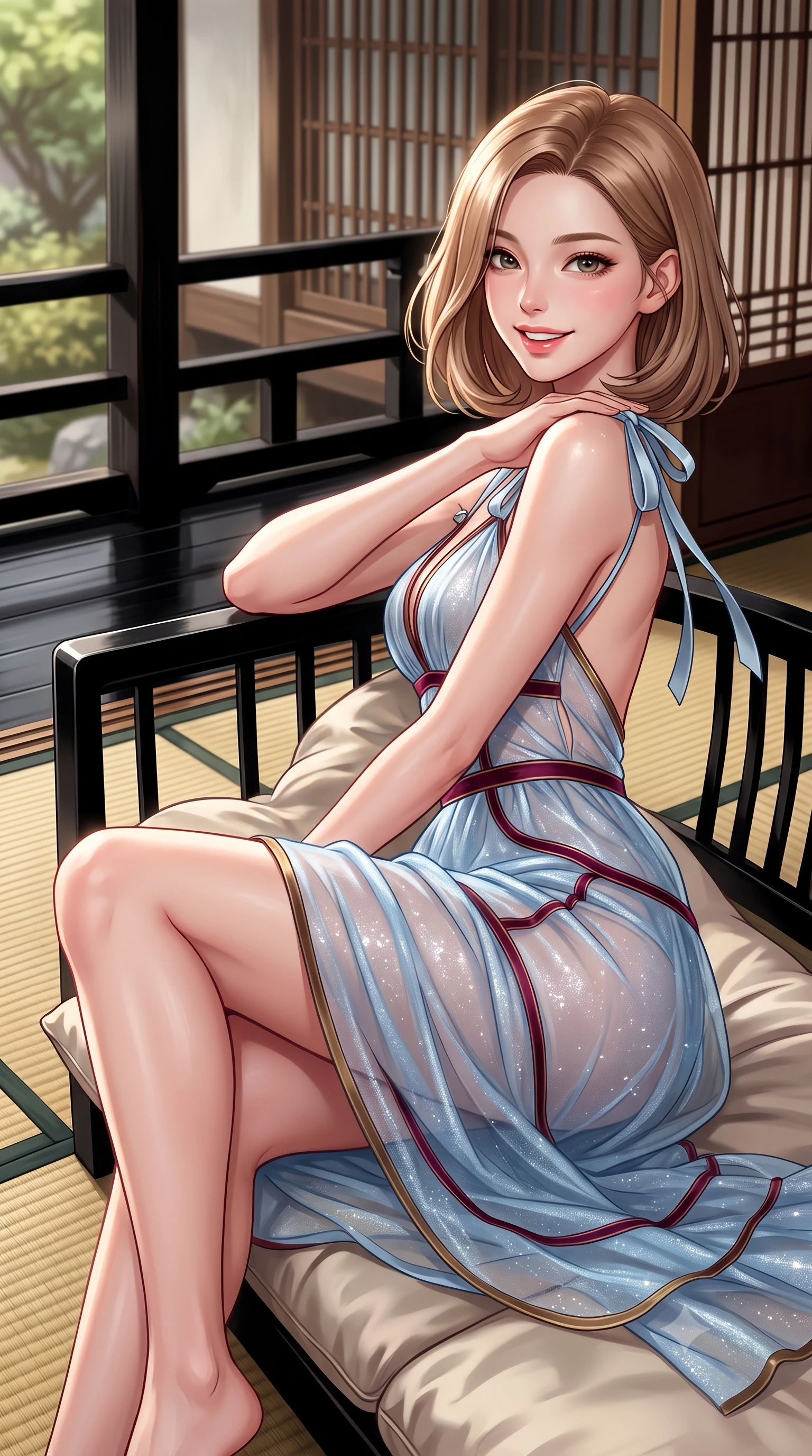 score_9, masterpiece, best quality, ultra-detailed, high-budget anime keyframe, semi-realistic 3D game render, editorial fashion photography, tasteful artistic composition, Korean woman. close-up cowboy shot from the waist and thighs up, the character dominates the composition, filling the frame with her large presence. perched sideways on the lounge seat, one knee drawn up to showcase her slender leg line while her arched back accentuates her feminine hip curve while reclining sideways across the plush silk futon cushions propped on one elbow, flashing a radiant, playful smile with parted glossy lips. The surrounding environment is rendered in vivid detail and crisp panoramic clarity: sharp woven igusa tatami straw texture, black urushi lacquer finish on veranda wood, and fine timber latticework in deep focus. She has an exceptionally elegant, slender, and willowy female figure with an ultra-slim waist, flat toned midriff, narrow ribcage, and sculpted feminine hips creating an alluring, slim hourglass silhouette without bulk. sharp v-shaped jawline, high-bridge nose, intricate jewel-like sparkling eyes with depth, thick eyelashes, glossy parted lips with a natural peach sheen, bright cheerful beaming smile with an enchanting and coquettish sensual glint, exuding both youthful cute charm and seductive allure, flawlessly proportioned anatomical accuracy, strict slender model proportions, natural body alignment, perfectly sculpted long slender limbs, ultra-slim waistline, clean dynamic posture without body distortion. wearing a provocative semi-sheer icy blue tulle cocktail dress with velvet ribbon piping contouring her narrow waist and hips in French boudoir bordeaux wine and antique brass, woven from stretch metallic lurex jersey casting radiant starlight glints across her curves, finished with satin ribbon ties at the shoulders fluttering in the gentle breeze, the precision-cut side openings and low-back scoop framing her graceful spine and the sensual sweep of her slim, toned hips. illuminated by black lacquer reflection fill and sharp champagne-gold rim lights defining her dewy collarbones, ultra-slim waist, and curvy hips. highly saturated vibrant anime colors, detailed shading with soft gradients, rich glossy textures, high-contrast stereoscopic depth, volumetric dynamic lighting, master piece, 9:16 ratio