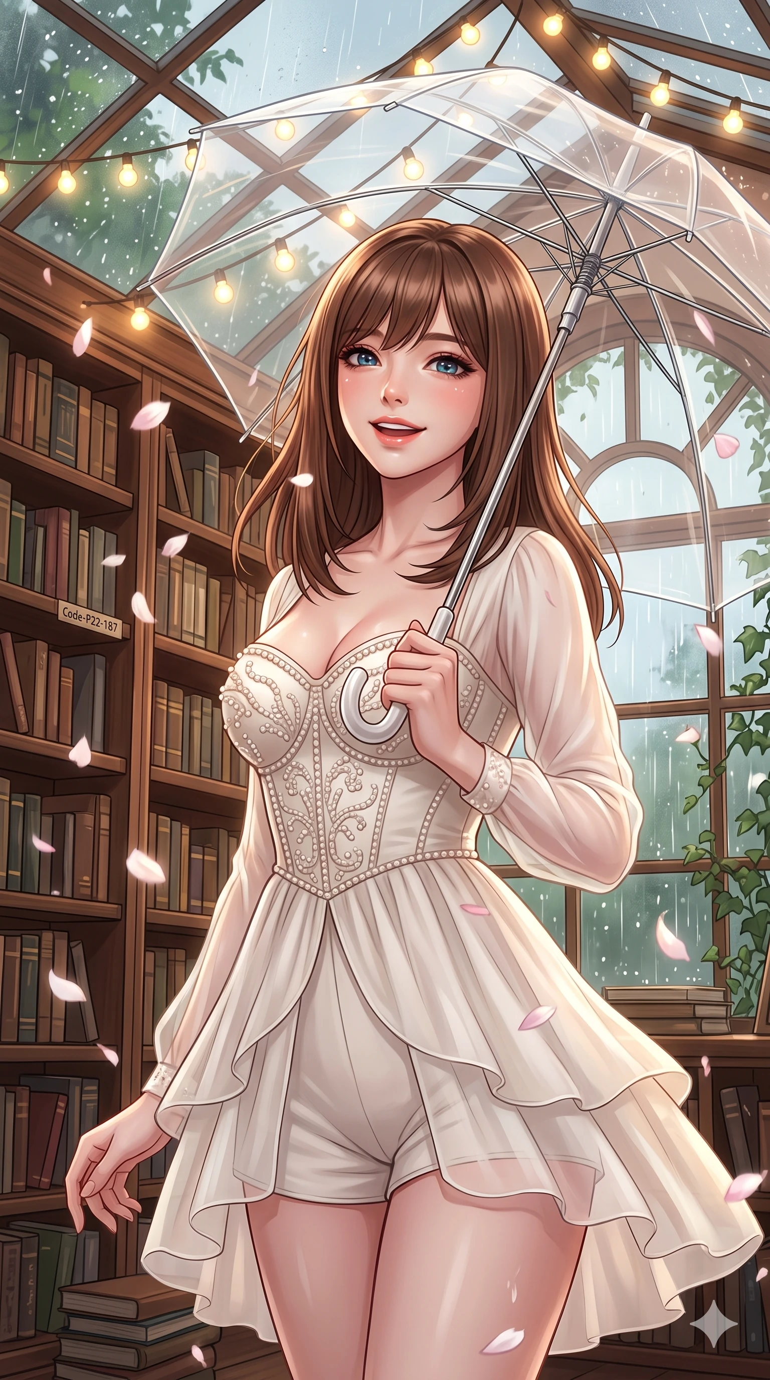 score_9, masterpiece, best quality, ultra-detailed, high-budget anime keyframe, vibrant anime aesthetic, Korean woman. close-up cowboy shot from the waist and thighs up, the character dominates the composition, filling the frame with her large presence, background elements kept in soft focus. She is holding a clear umbrella, looking up with a bright, joyful expression, gazing warmly at the viewer surrounded by delicate flower petals. the background shows a soft-focus cozy retro library corner with floor-to-ceiling bookshelves and a large window showing rain falling on green ivy (Code-P22-187). She has an absolutely perfect proportion, an exceptionally elegant and slender female figure with an ultra-slim waist. V-shaped jawline, high-bridge nose, intricate jewel-like eyes with depth, thick eyelashes, glossy lips with a natural sheen. wearing a custom structured bodice combined with a delicate chiffon cover-up and shorts in ivory white and pearls. She is lit by warm, glowing fairy lights strung across the glass conservatory roof, casting clean highlights that trace her slim waist under the glass dome roof. 2k, ultra detail, master piece, 9:16 ratio